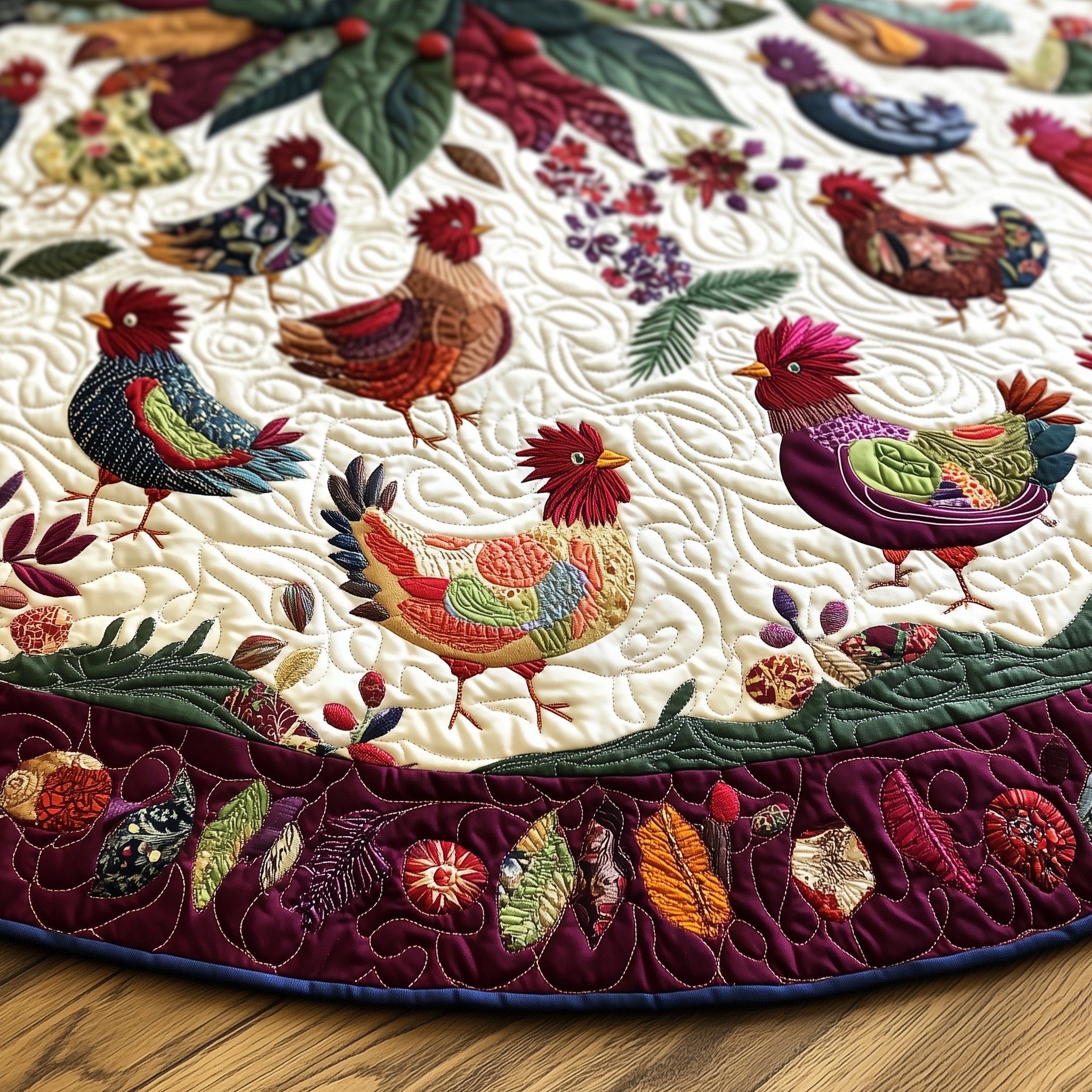 Paisley Hens on the Plum Rim Christmas Tree Skirt