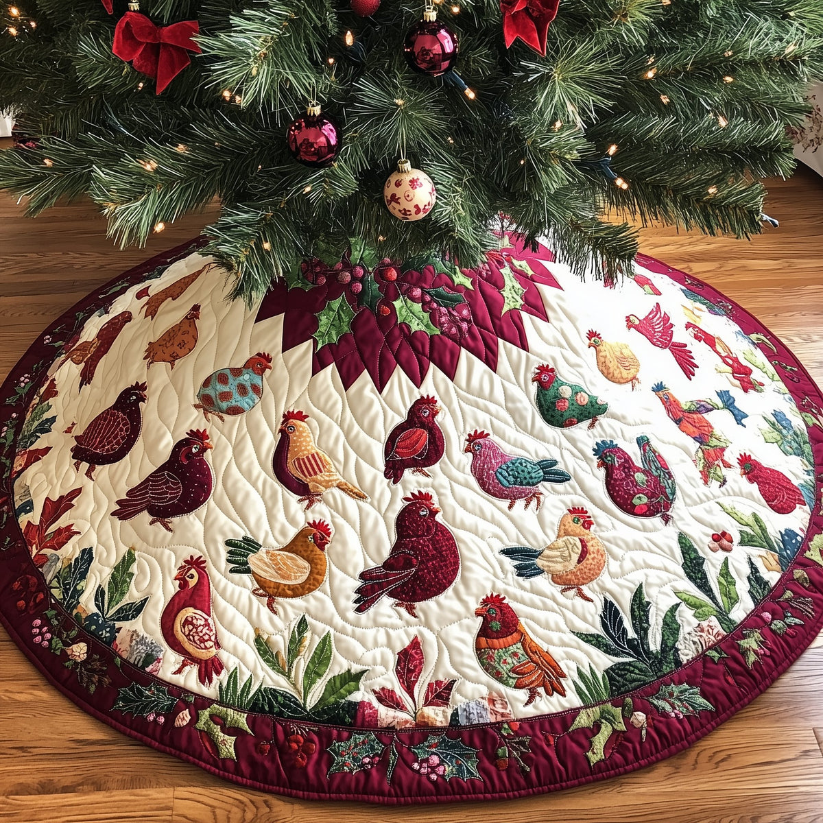 Hen Yard on the Berry Hem Christmas Tree Skirt