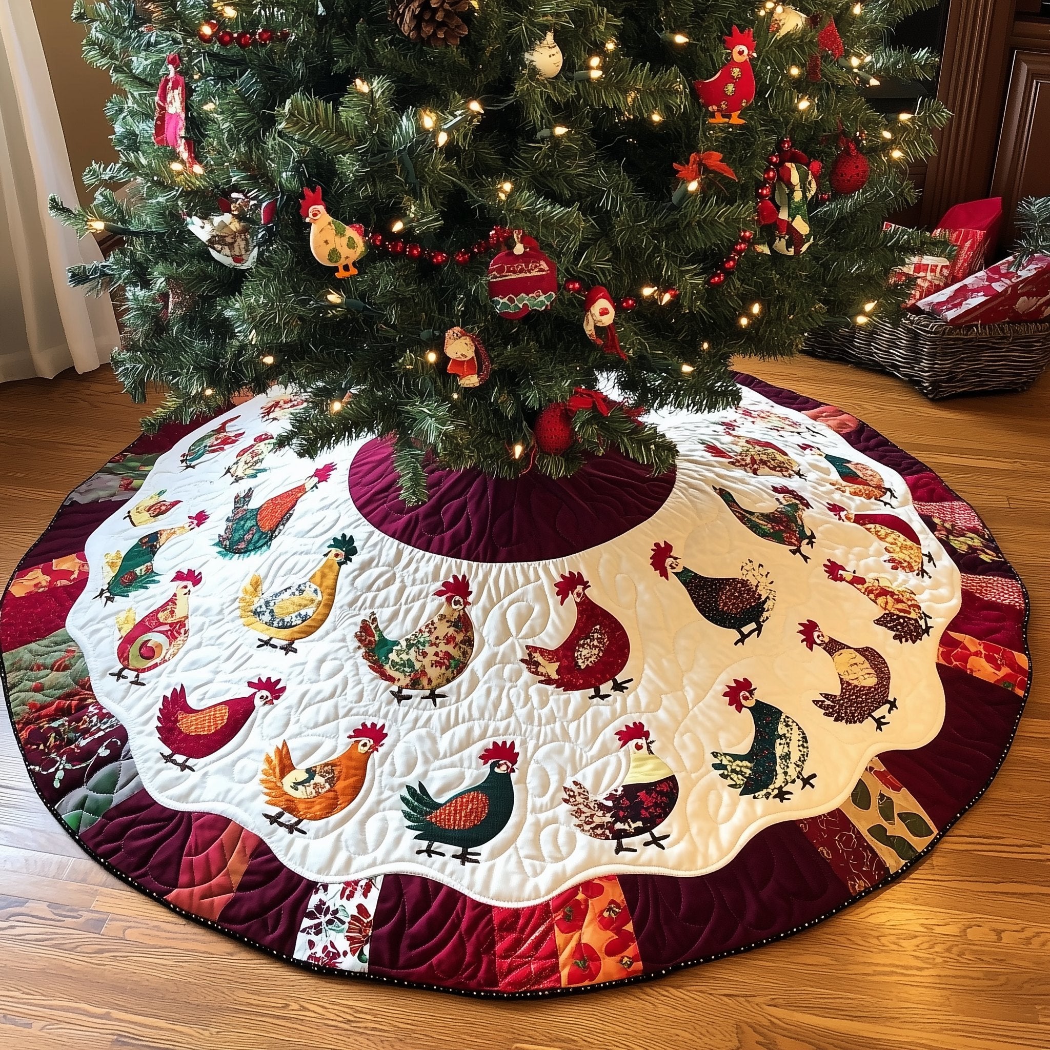 Hen Ring on the Scallop Skirt Christmas Tree Skirt