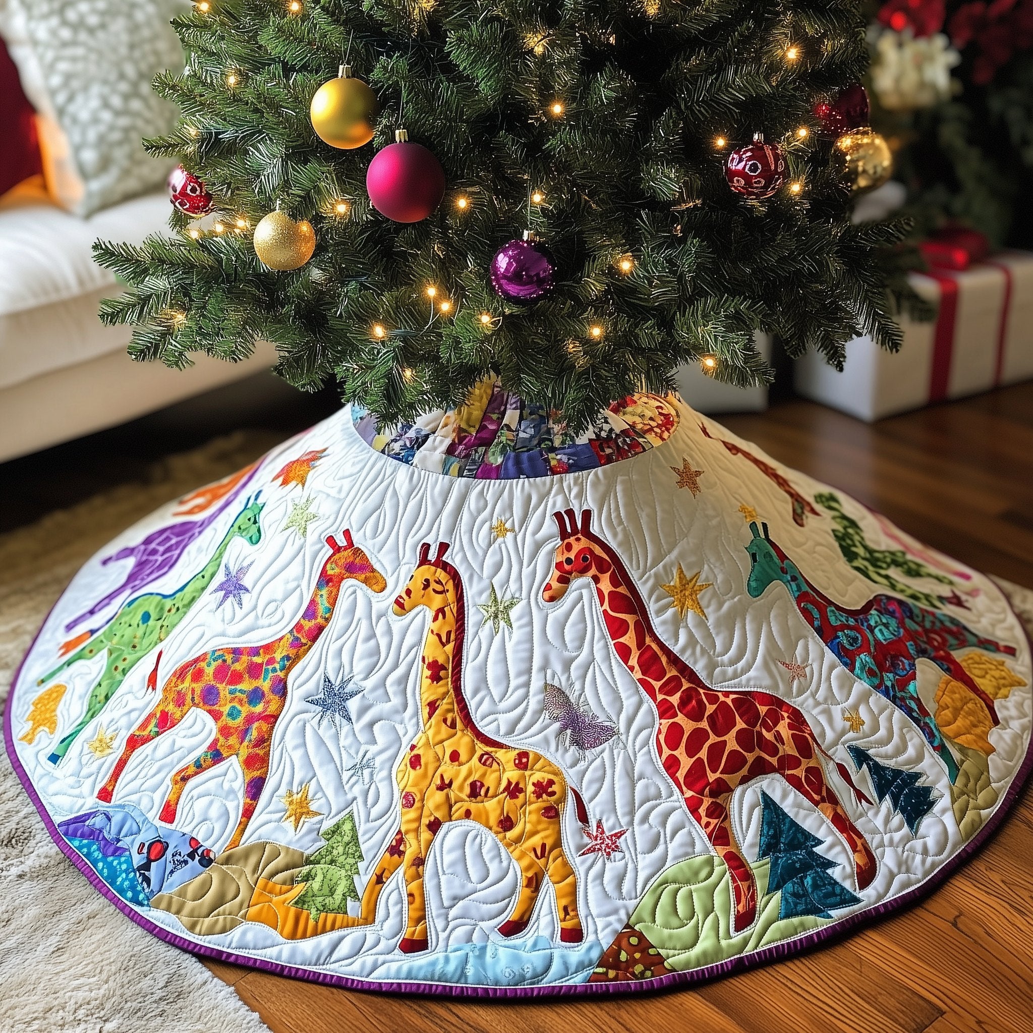 Giraffe Trio on the Meadow Hem Christmas Tree Skirt