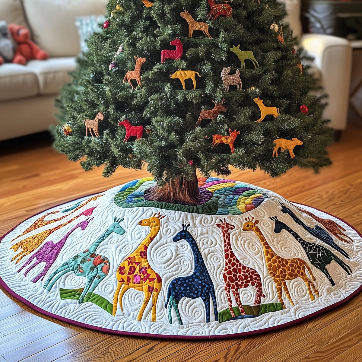 Giraffe Family Round the Trunk Christmas Tree Skirt