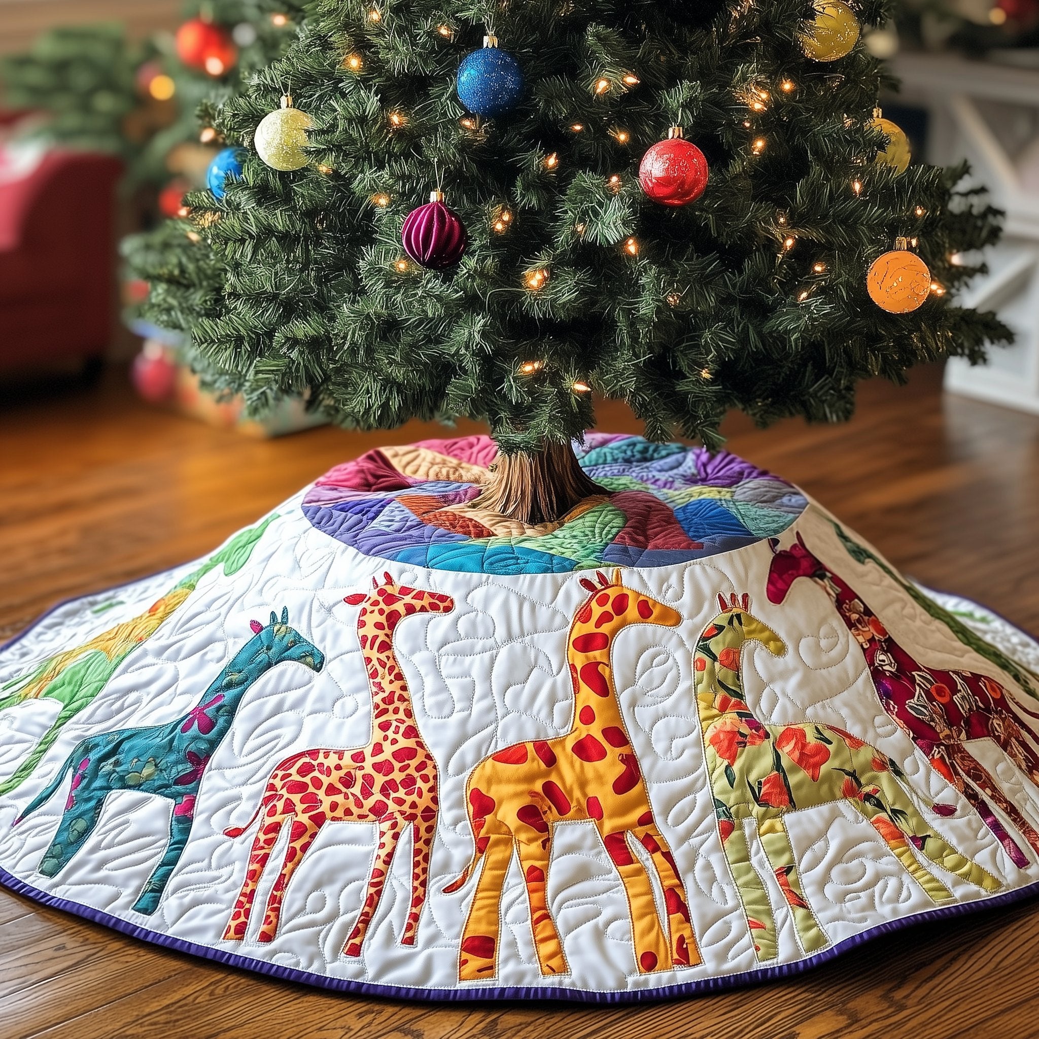 Patch Giraffes in Bright Blocks Christmas Tree Skirt