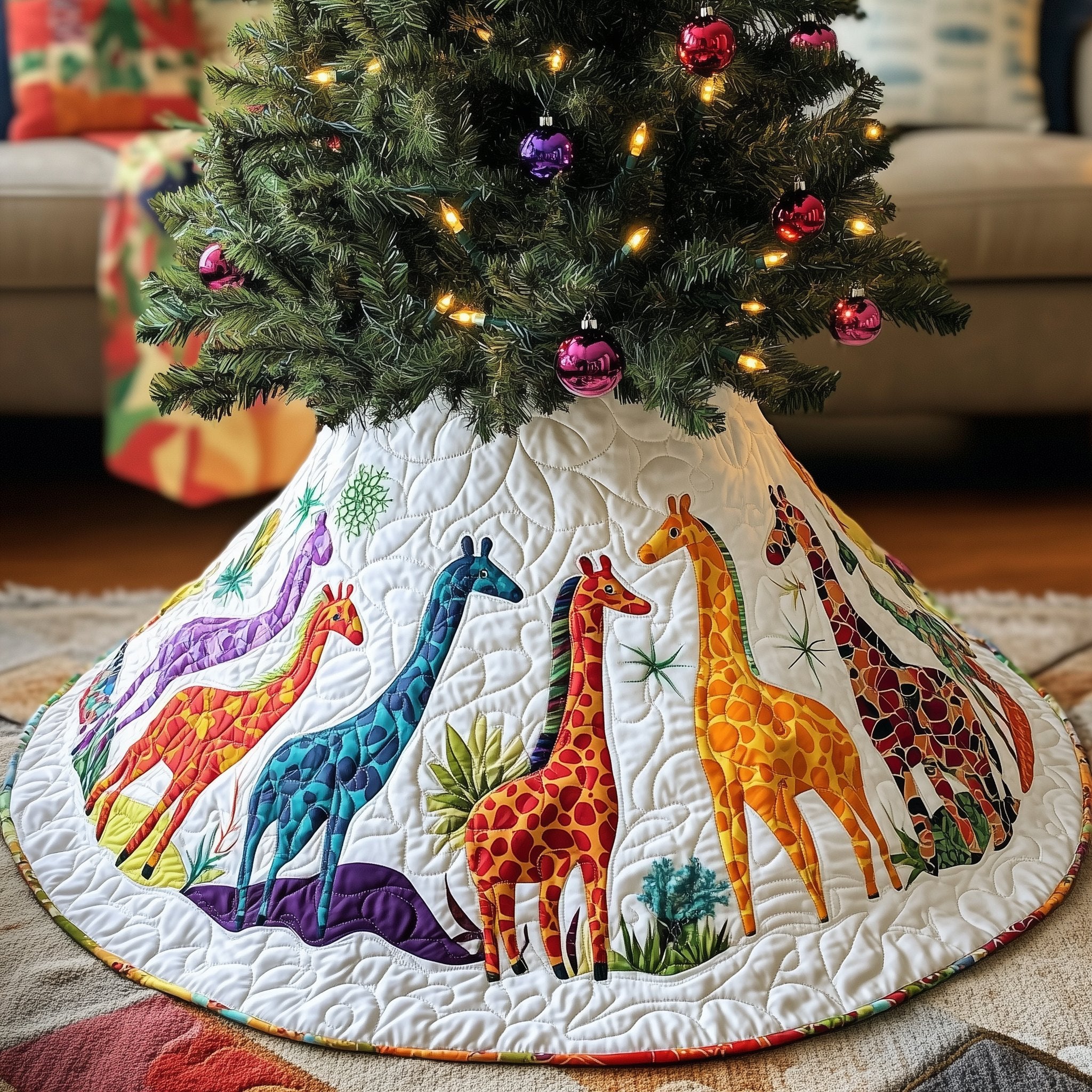 Giraffe Safari on the Snow Ring Christmas Tree Skirt