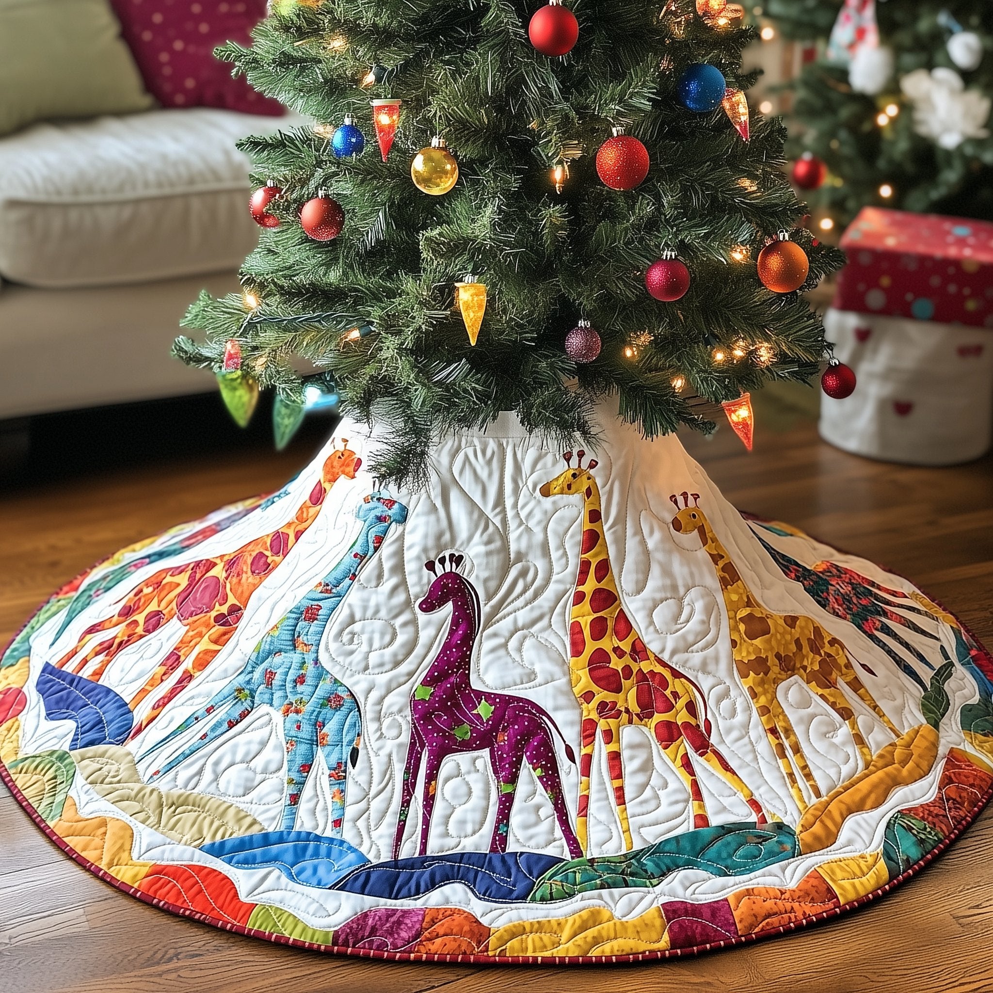 Giraffes in the Golden Grass Christmas Tree Skirt
