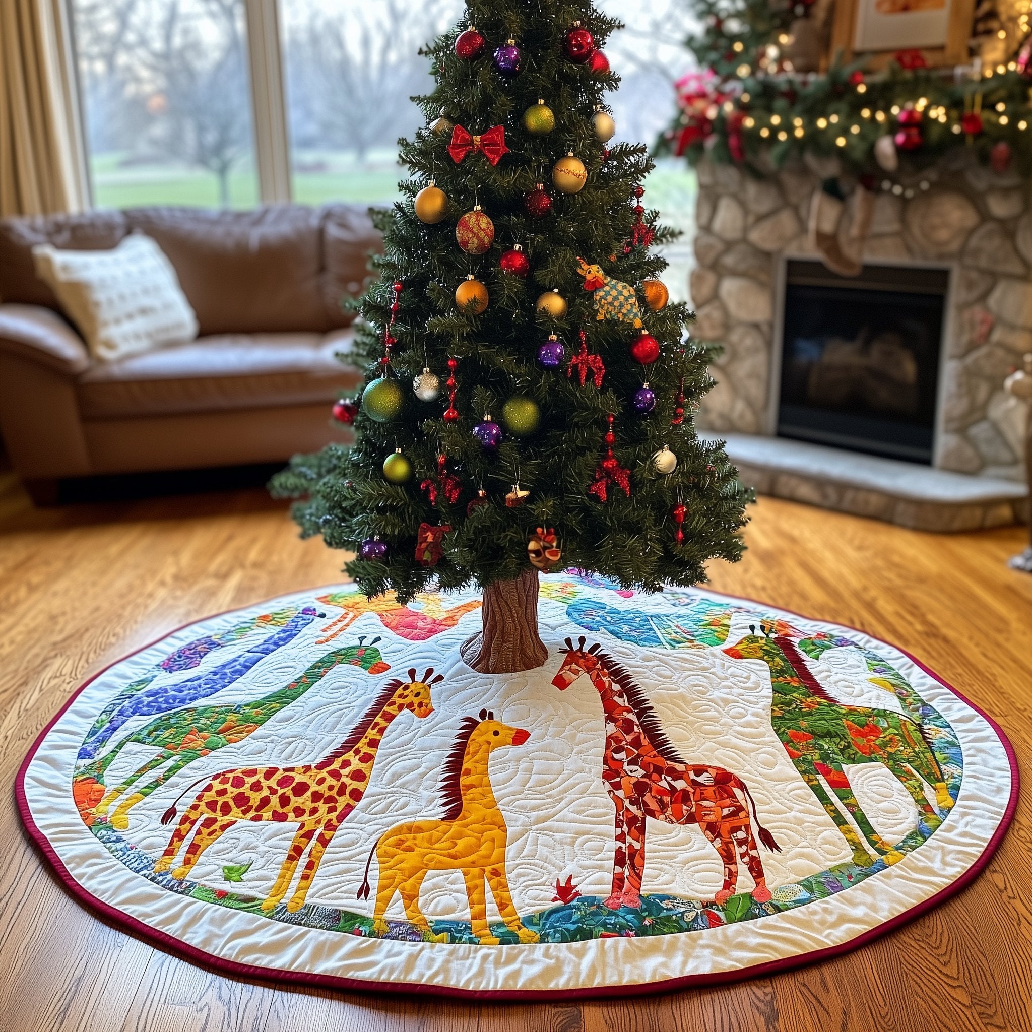 Giraffes on the Confetti Border Christmas Tree Skirt