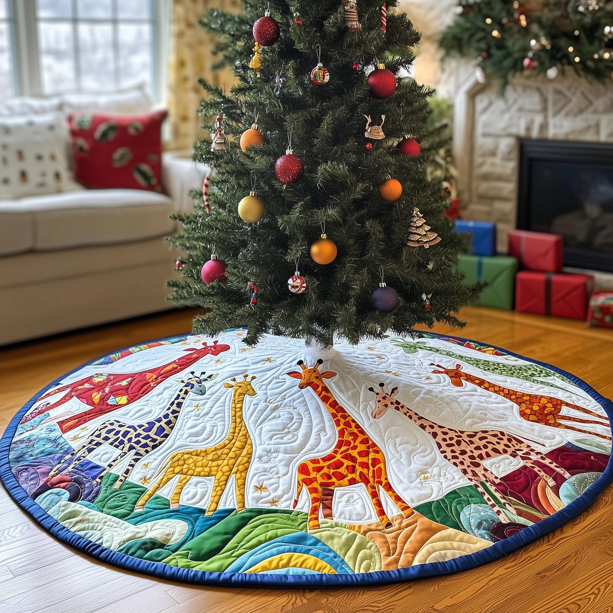 Giraffes on the Blue Wave Hills Christmas Tree Skirt