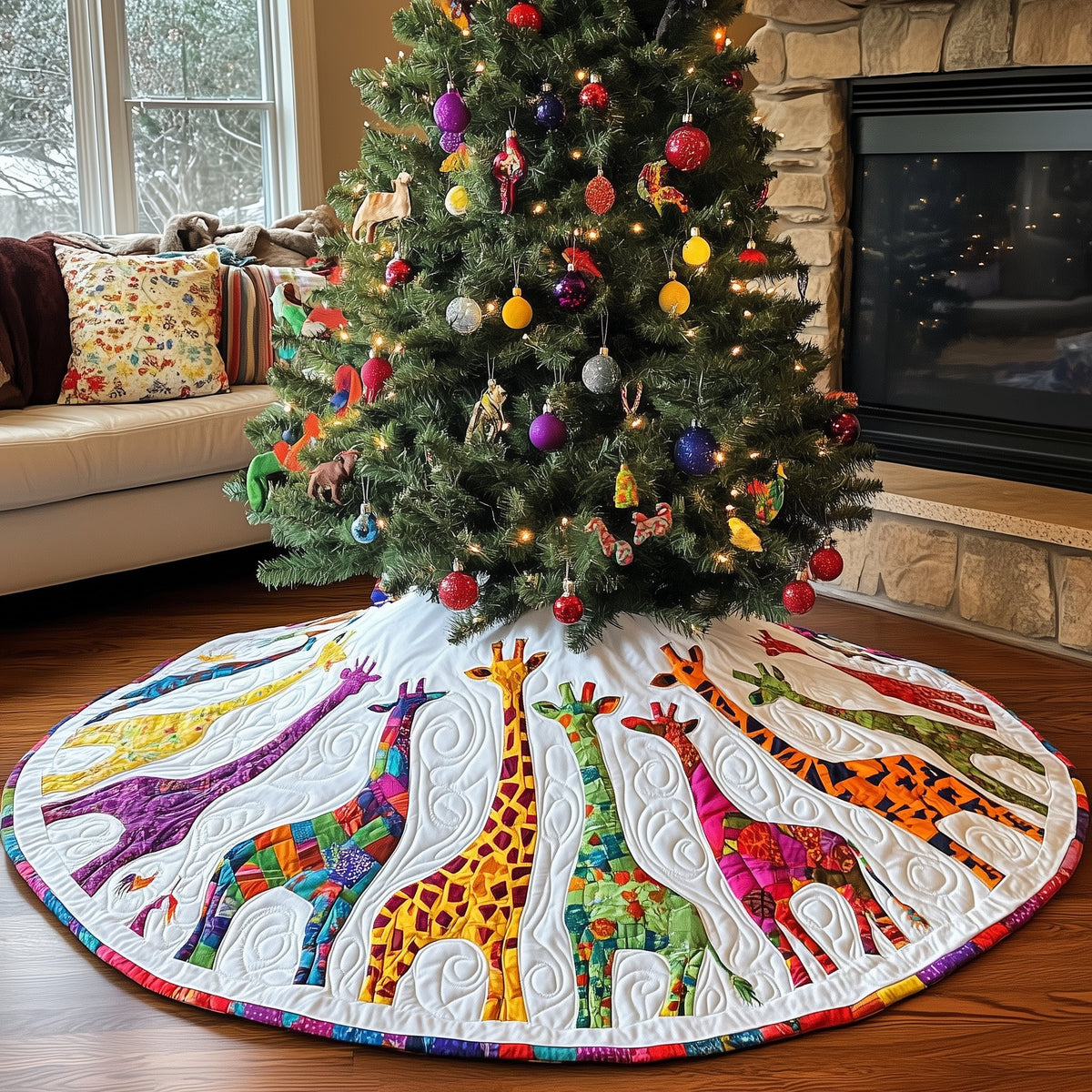 Jewel Giraffe Gathering Christmas Tree Skirt
