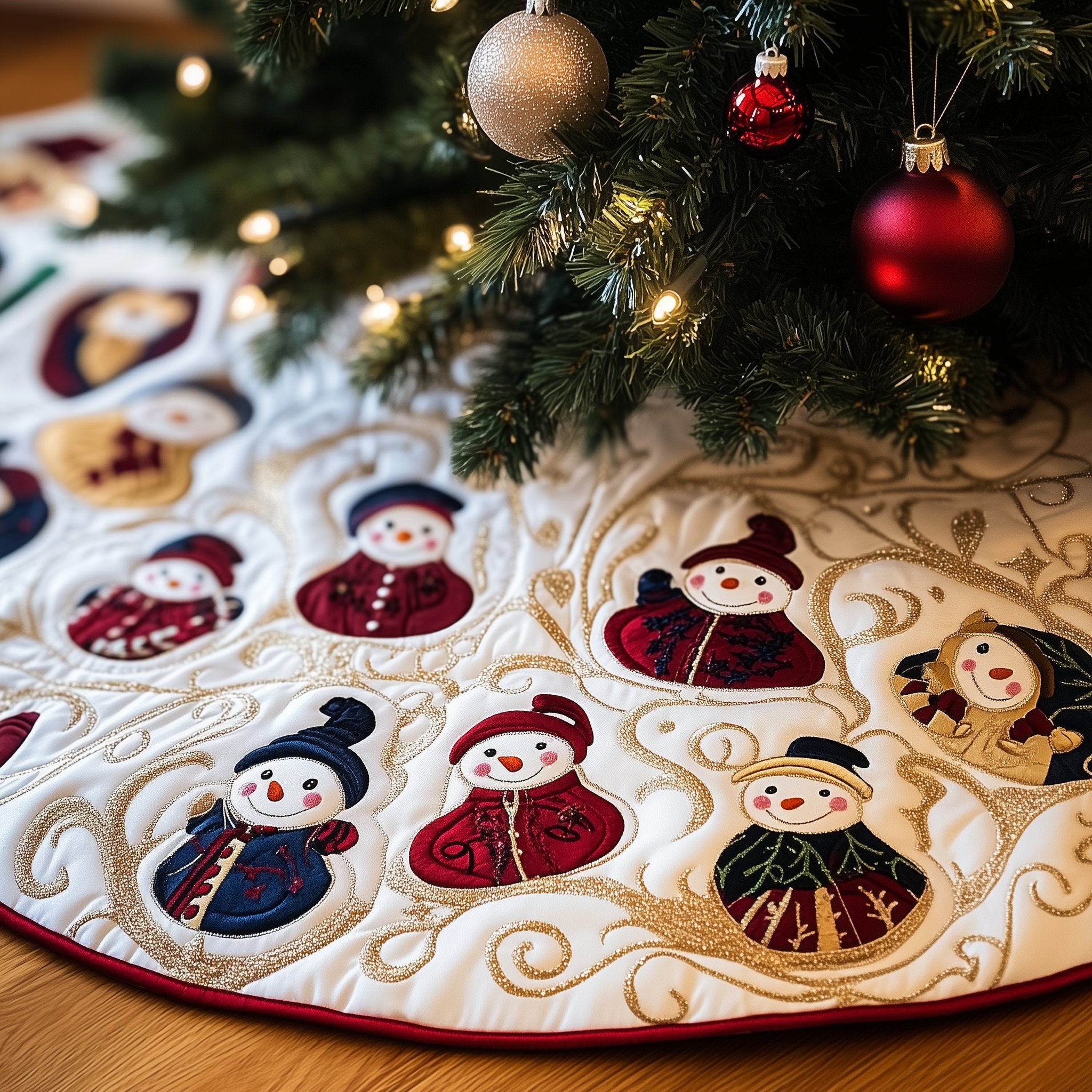 Snowman Friends in Gold Scroll Christmas Tree Skirt