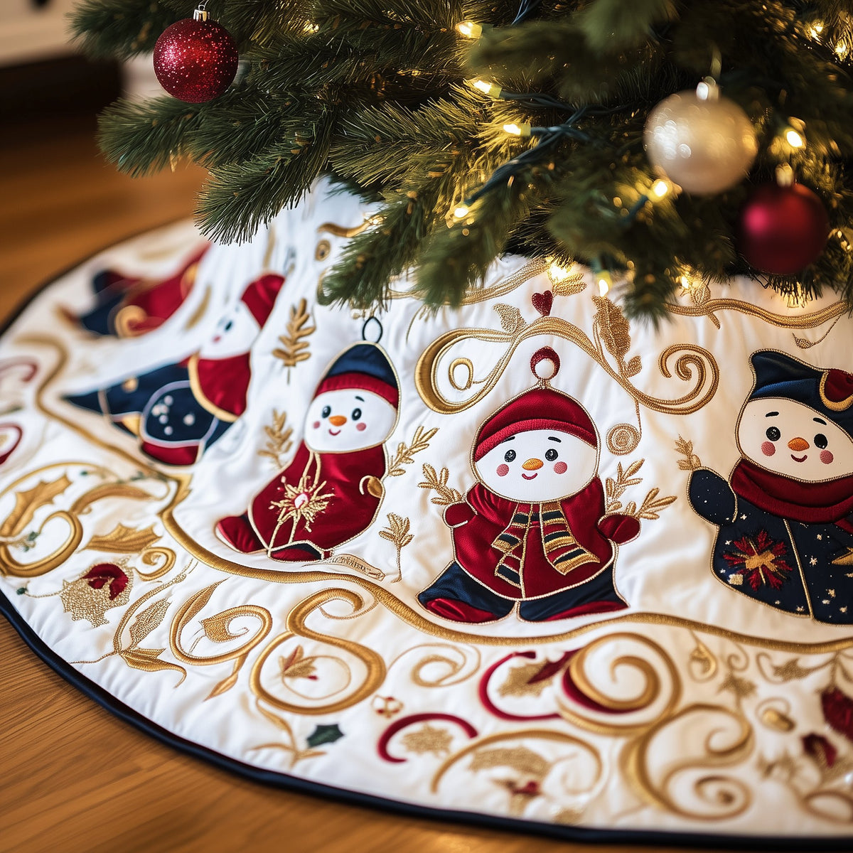 Snowman Waltz on Winter White Christmas Tree Skirt