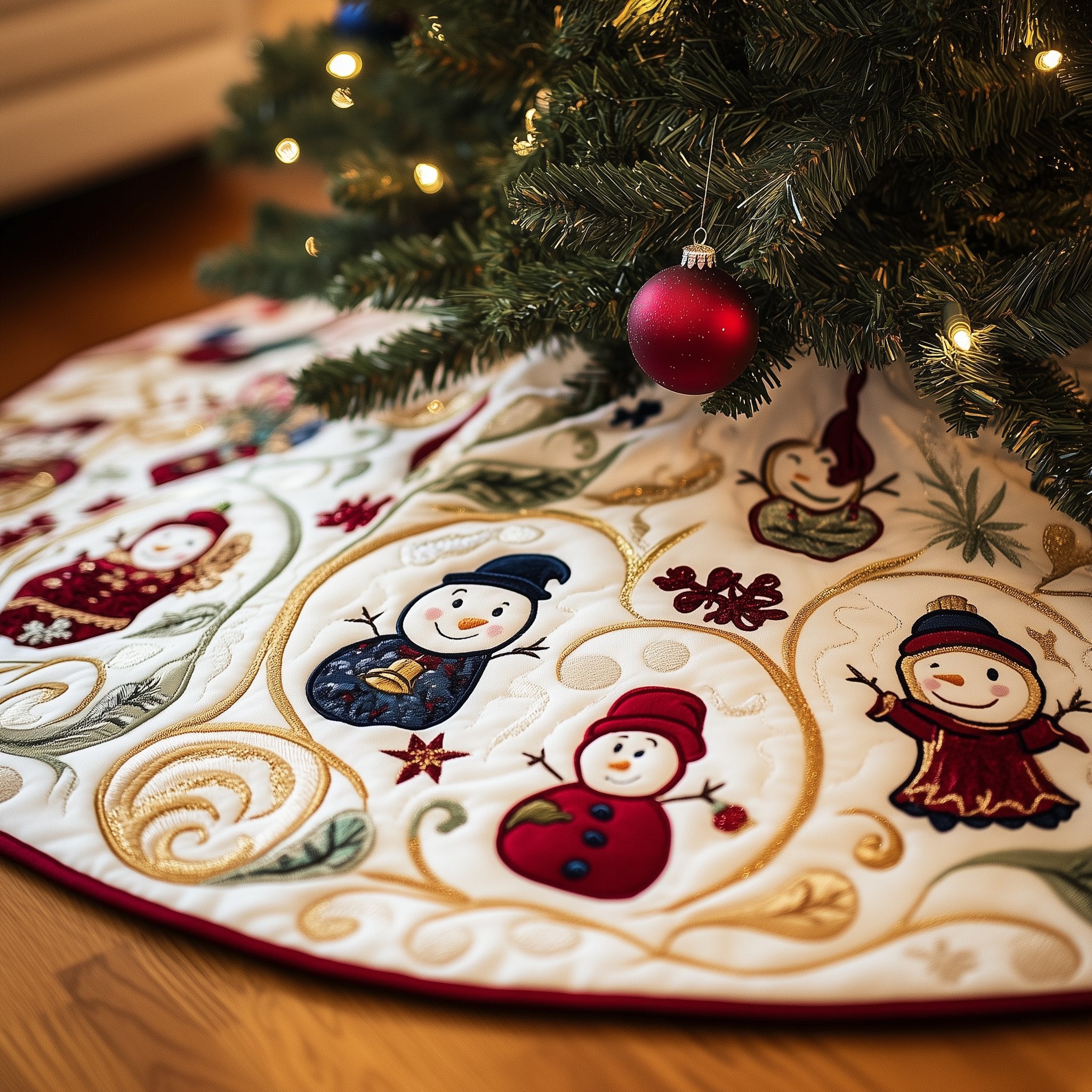 Snowman Pair in the Gold Vine Christmas Tree Skirt