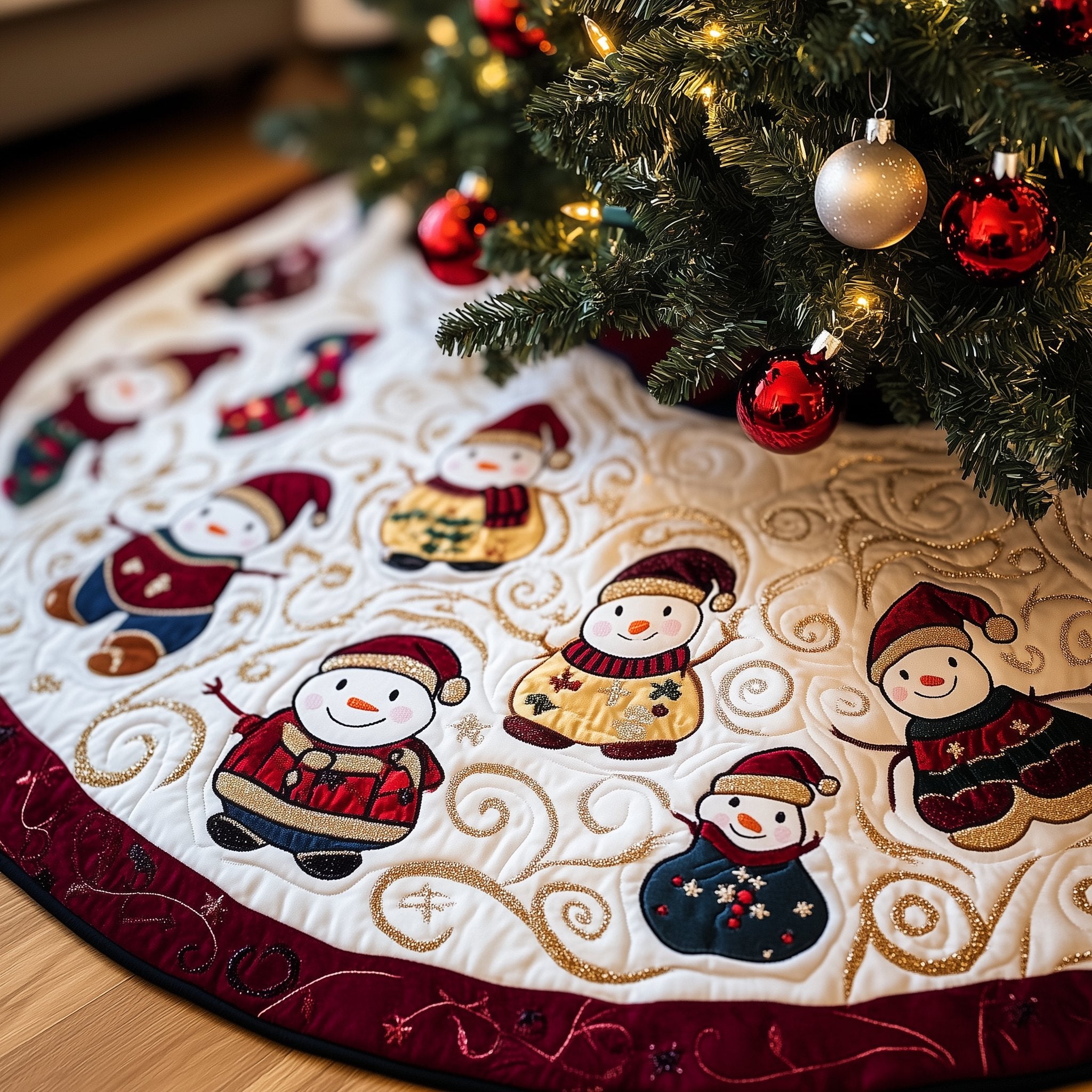 Snowman Trio with Swirl Embroidery Christmas Tree Skirt