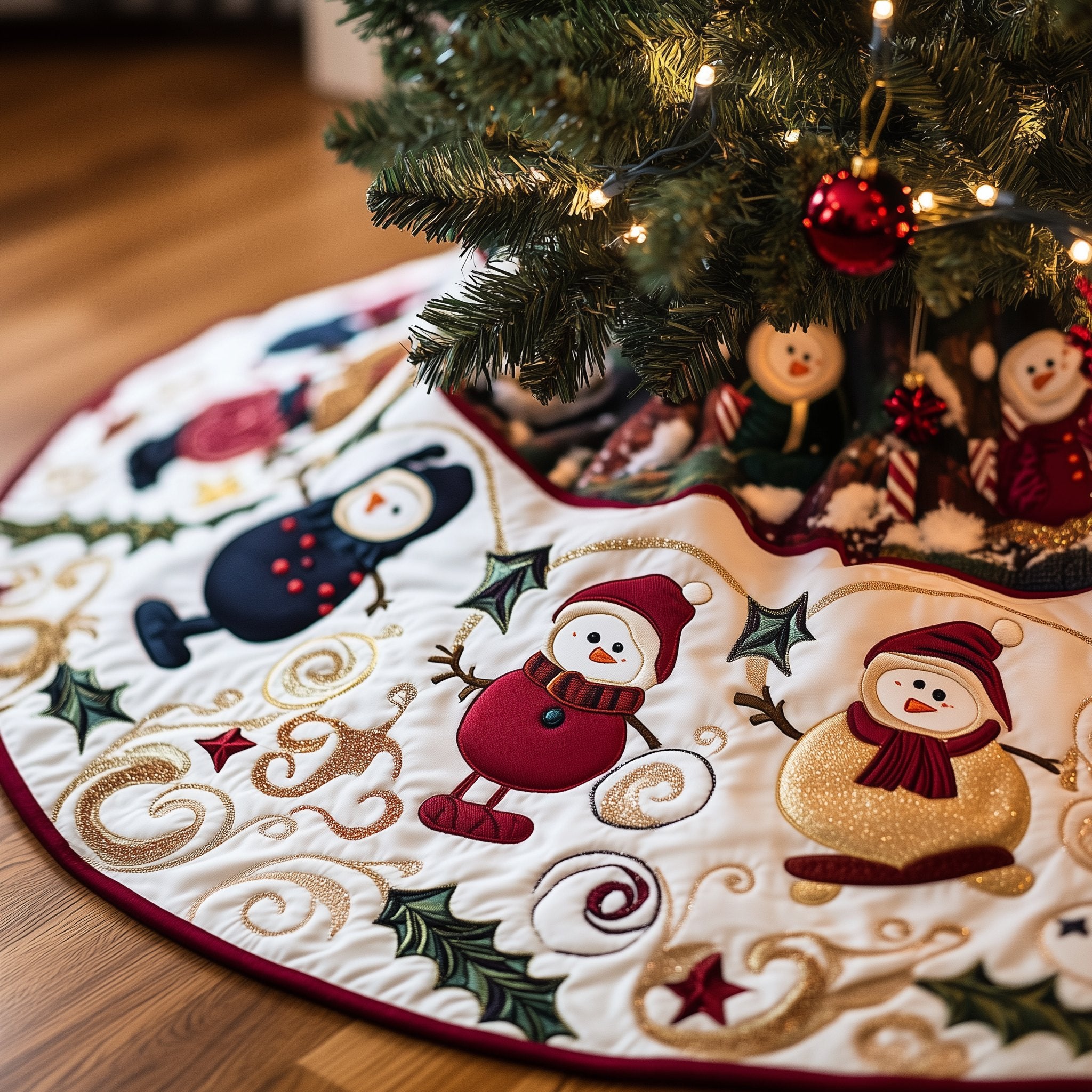 Snowman Dance on the Holly Rim Christmas Tree Skirt