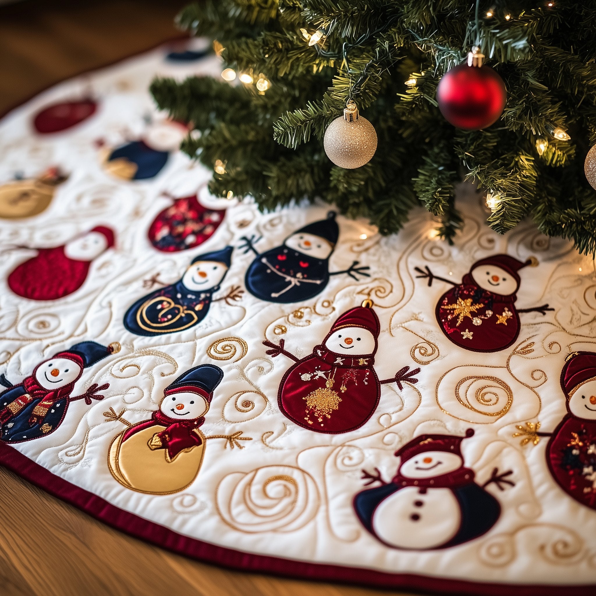 Gilded Snowman Waltz Christmas Tree Skirt