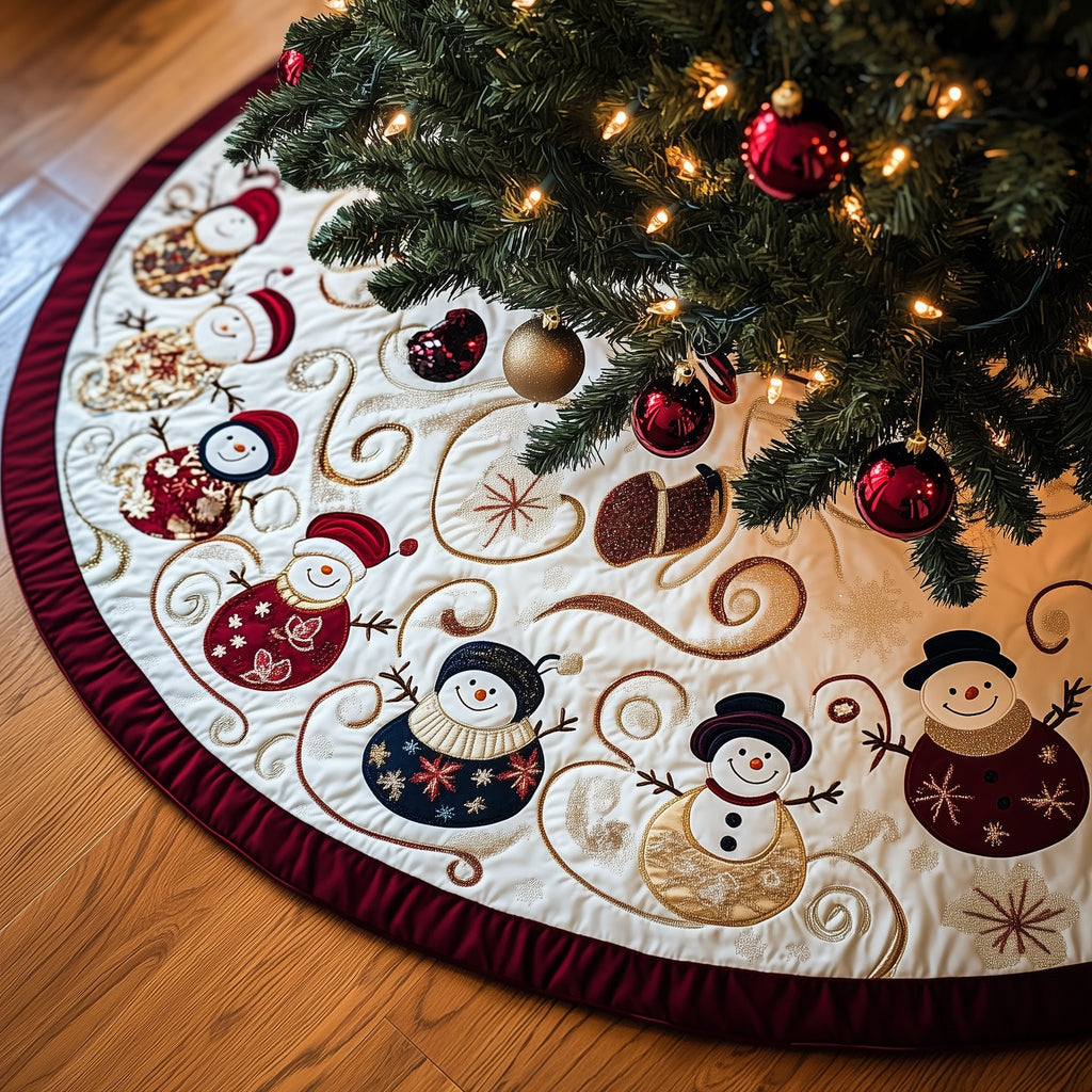 Snowman Parade on Ruby Hem Christmas Tree Skirt