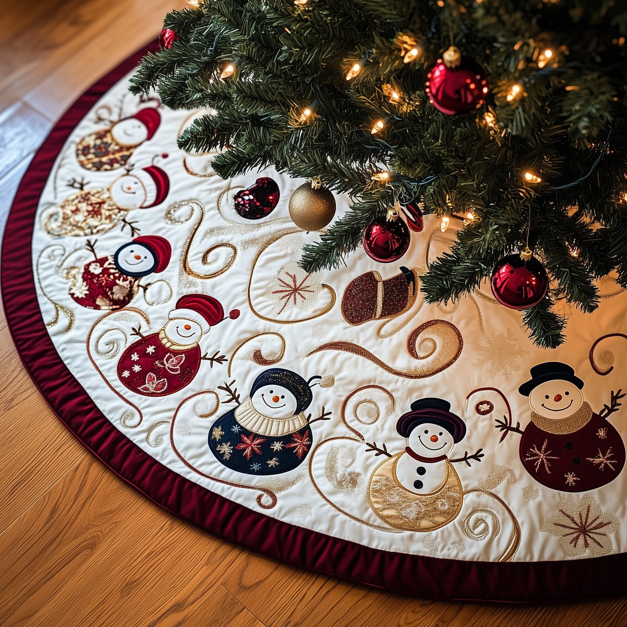 Snowman Parade on Ruby Hem Christmas Tree Skirt