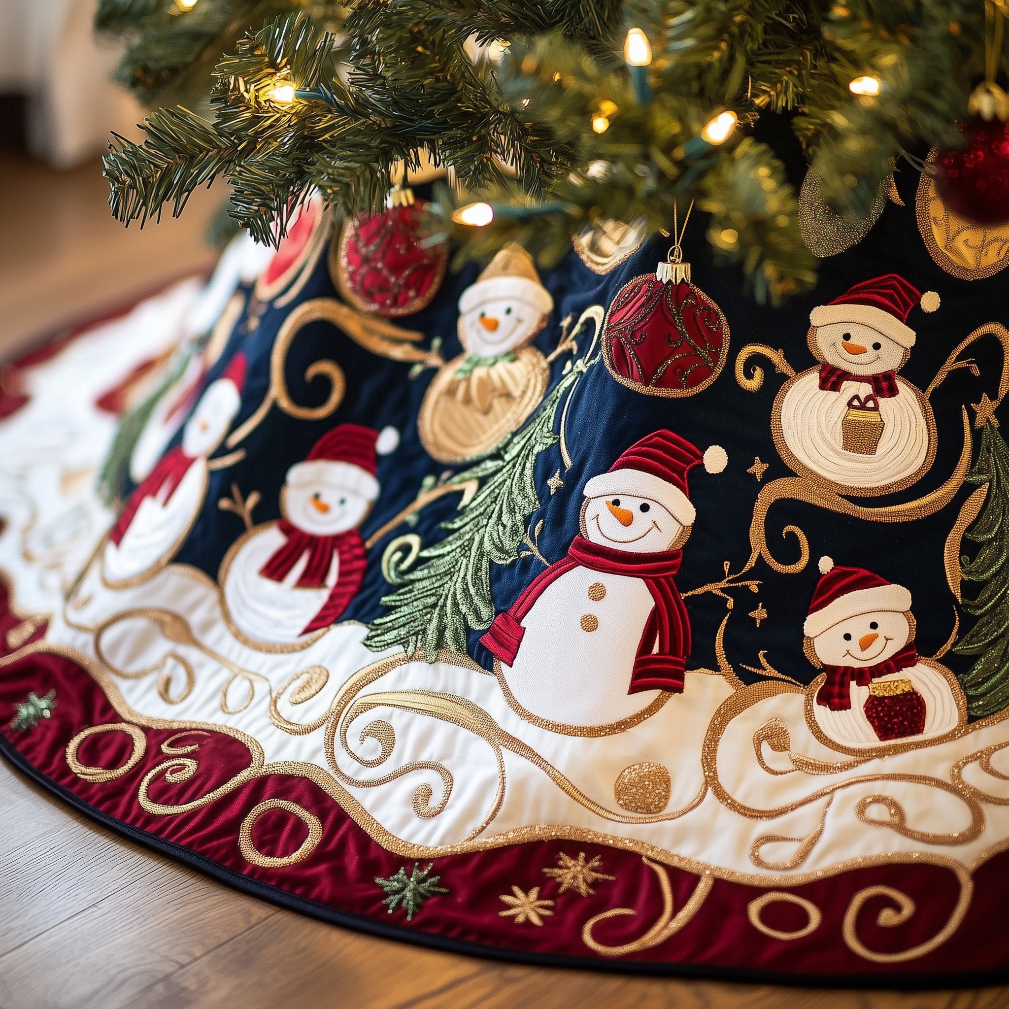 Snowmen on the Navy Border Christmas Tree Skirt