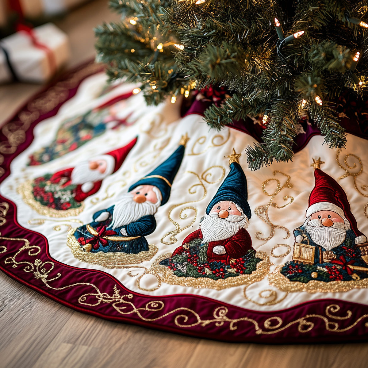 Gnomes on Cream with Burgundy Border Christmas Tree Skirt