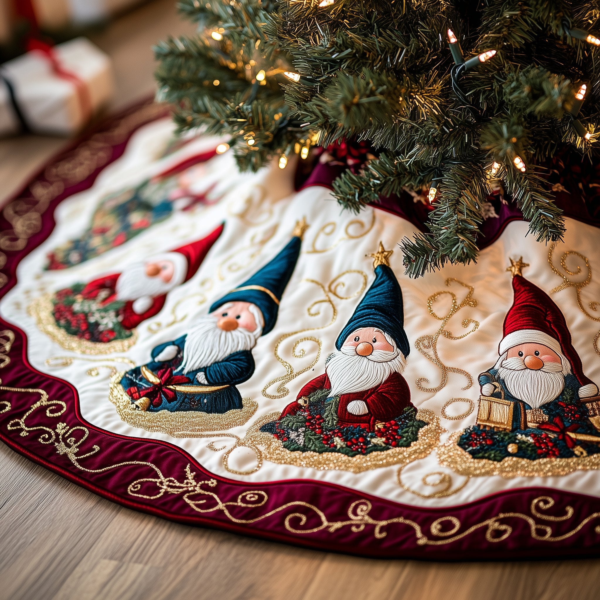 Gnomes on Cream with Burgundy Border Christmas Tree Skirt
