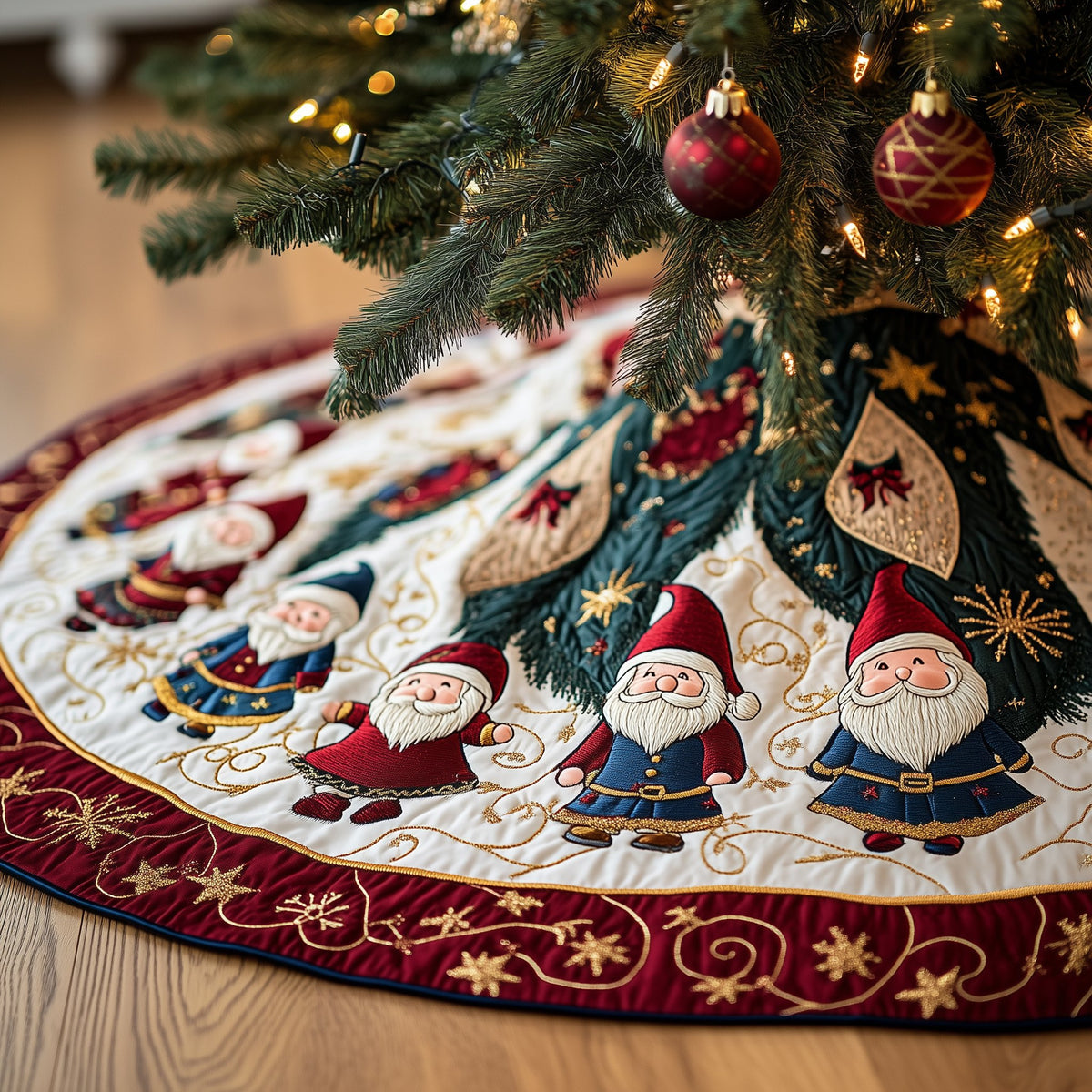 Gnomes in Red and Blue Hats Christmas Tree Skirt