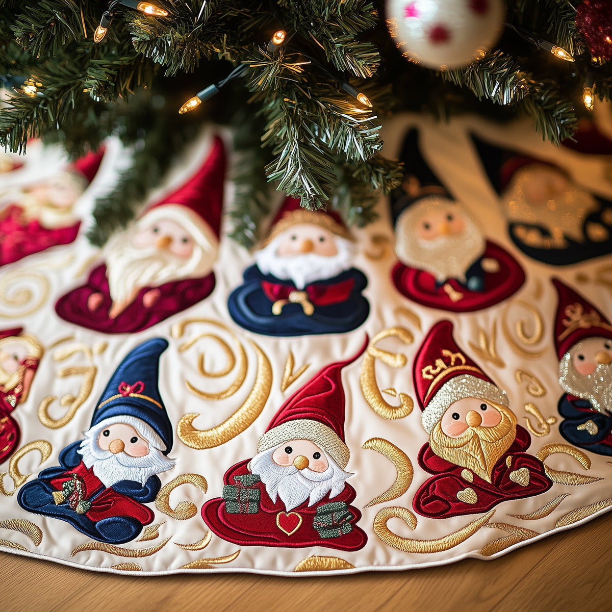 Gnome Faces on Golden Swirls Christmas Tree Skirt