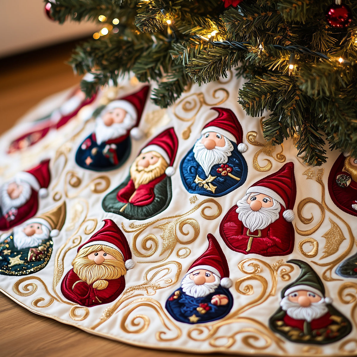 Navy and Red Gnomes on Ivory Christmas Tree Skirt