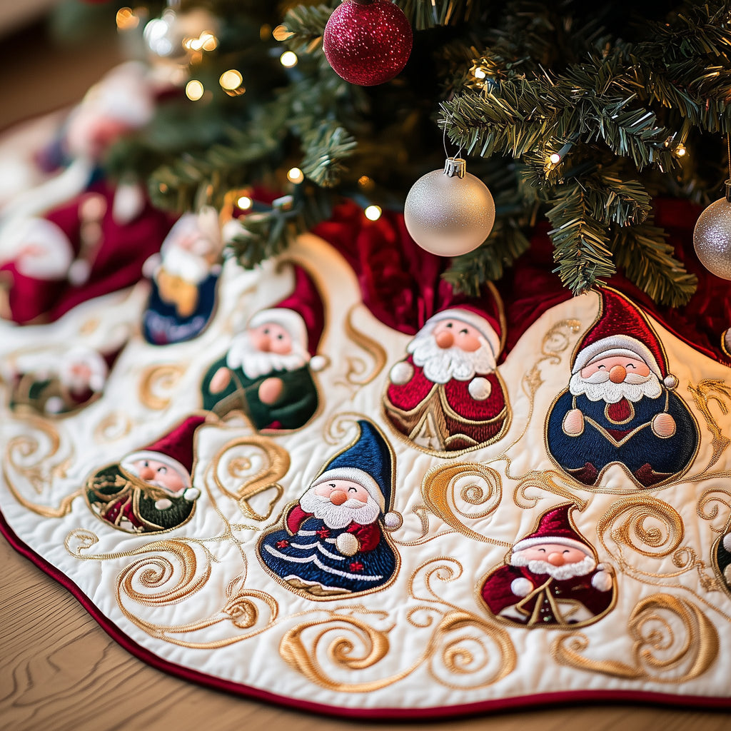 Gnomes with Ivory Swirl Quilting Christmas Tree Skirt