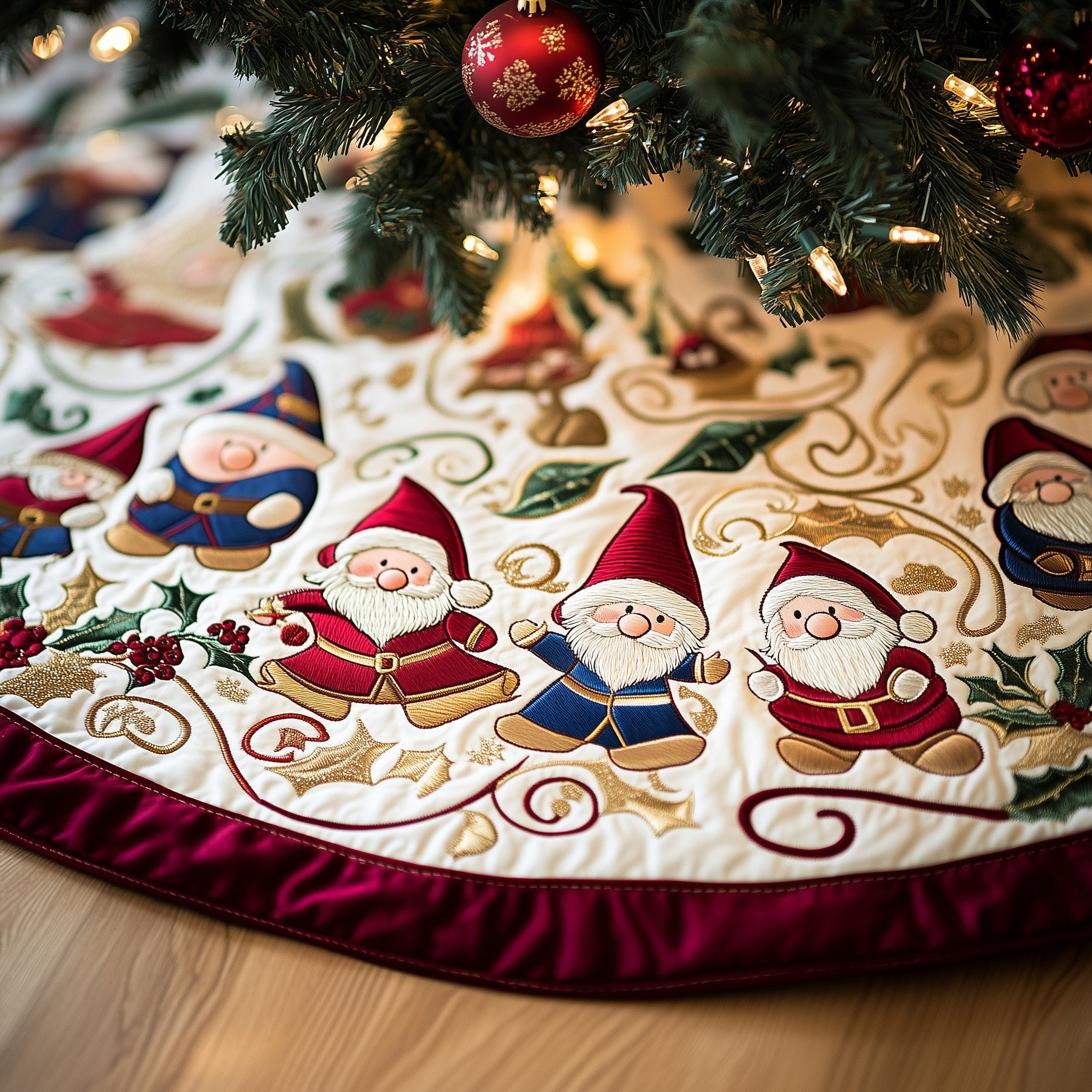 Gnomes with Deep Red Border Christmas Tree Skirt