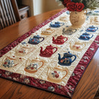 Teapots with a Red Floral Border Table Runner