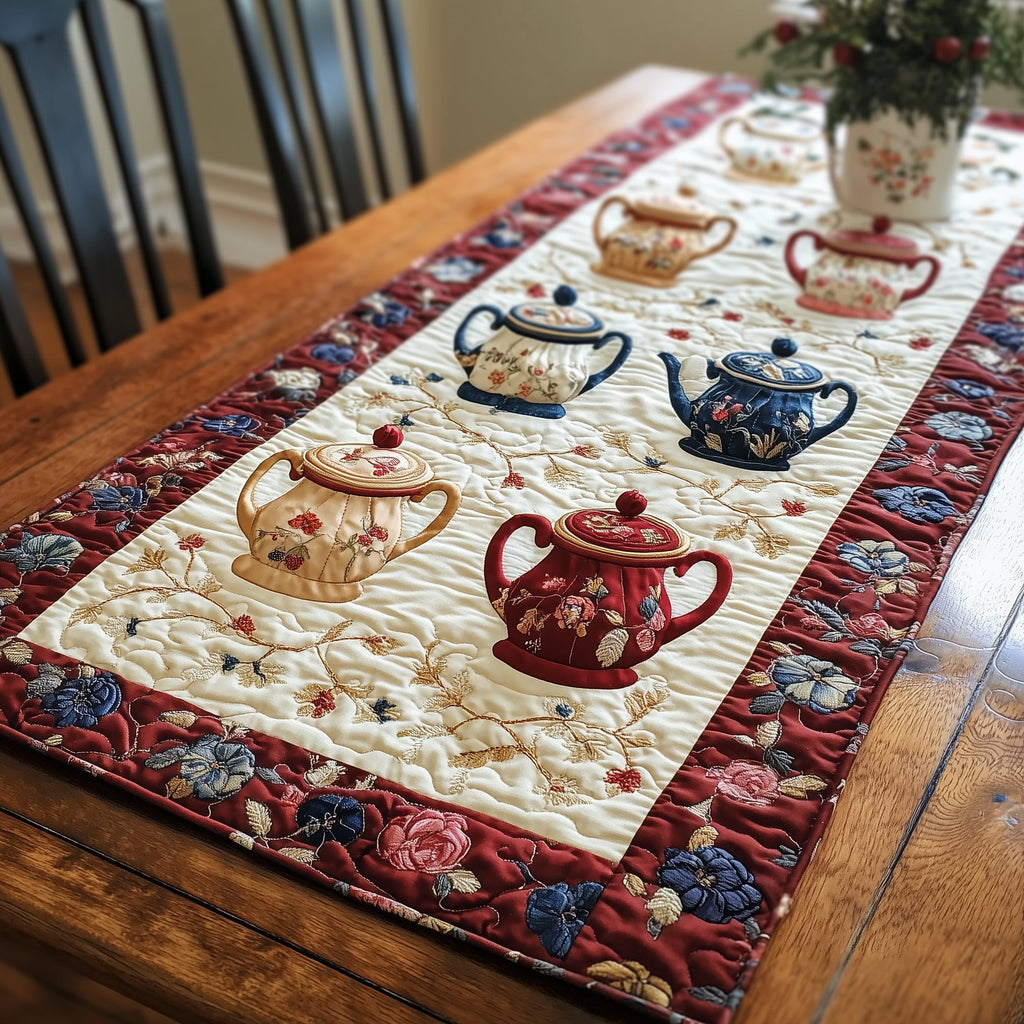 Teapots on Cream with Red Border Table Runner