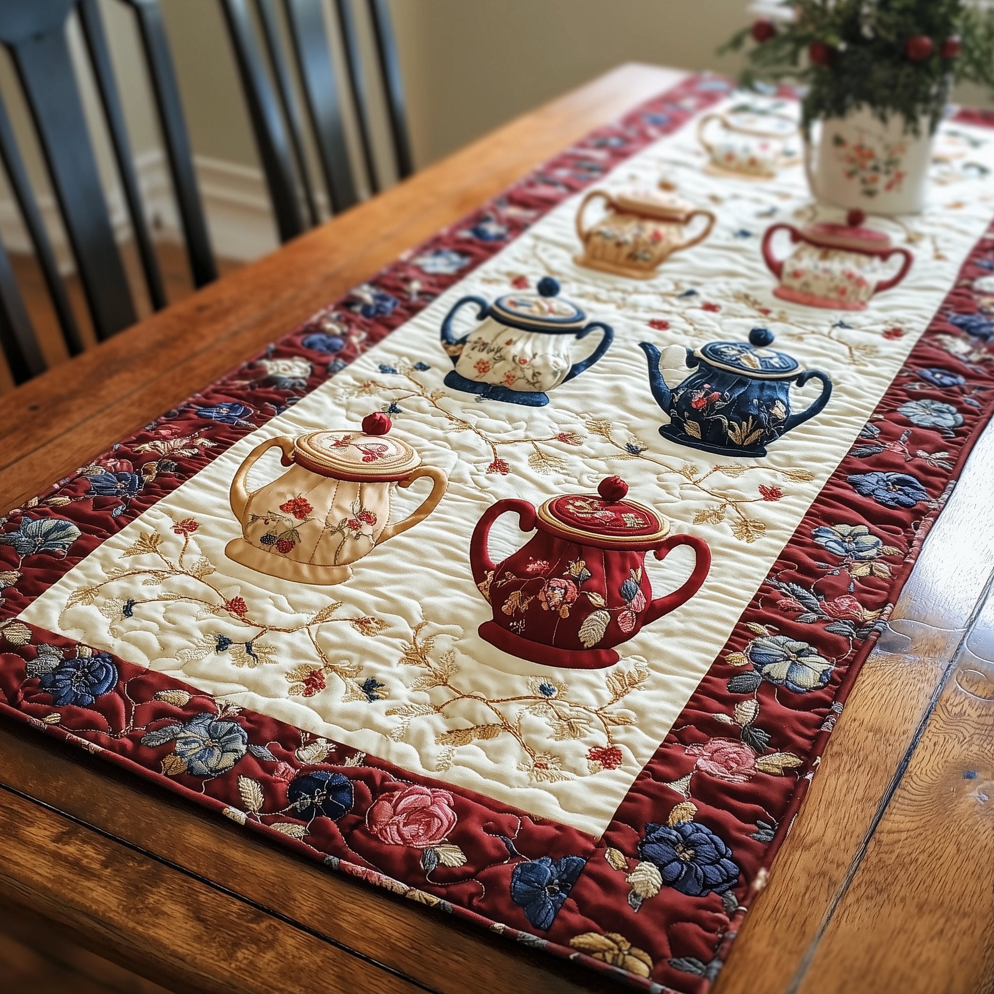 Teapots on Cream with Red Border Table Runner