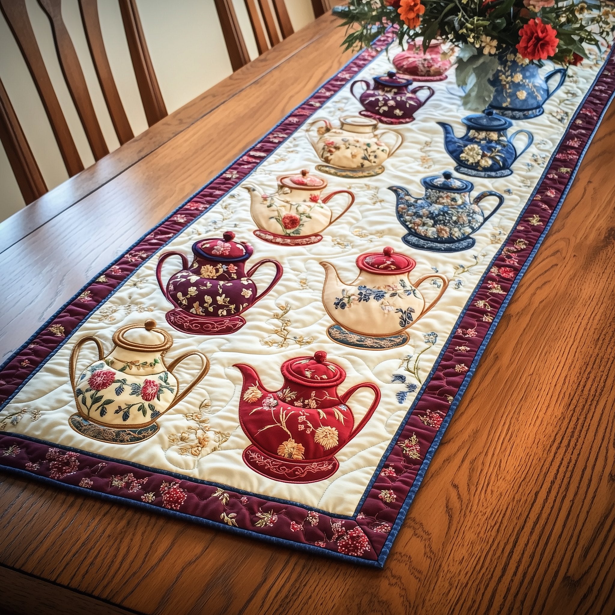 Red and Cream Teapots on Burgundy Table Runner