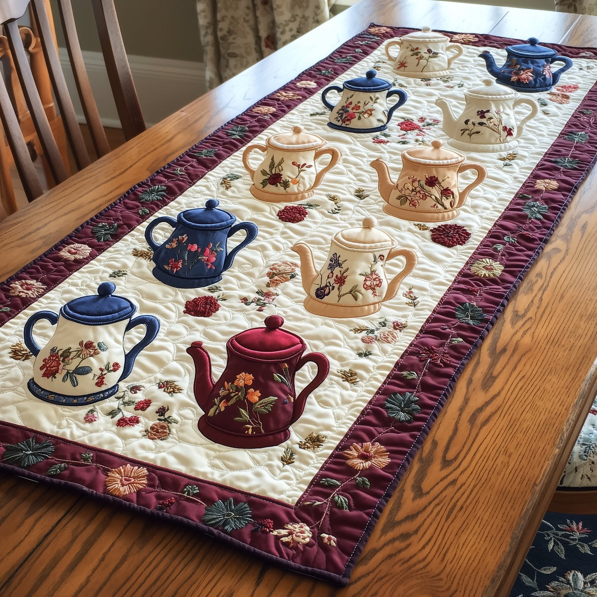 Blue and Red Teapots on Cream Table Runner