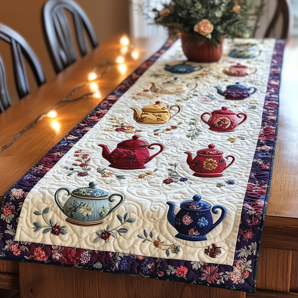 Teapots with a Navy Floral Border Table Runner