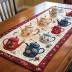 Red Teapots with Rose Border Table Runner