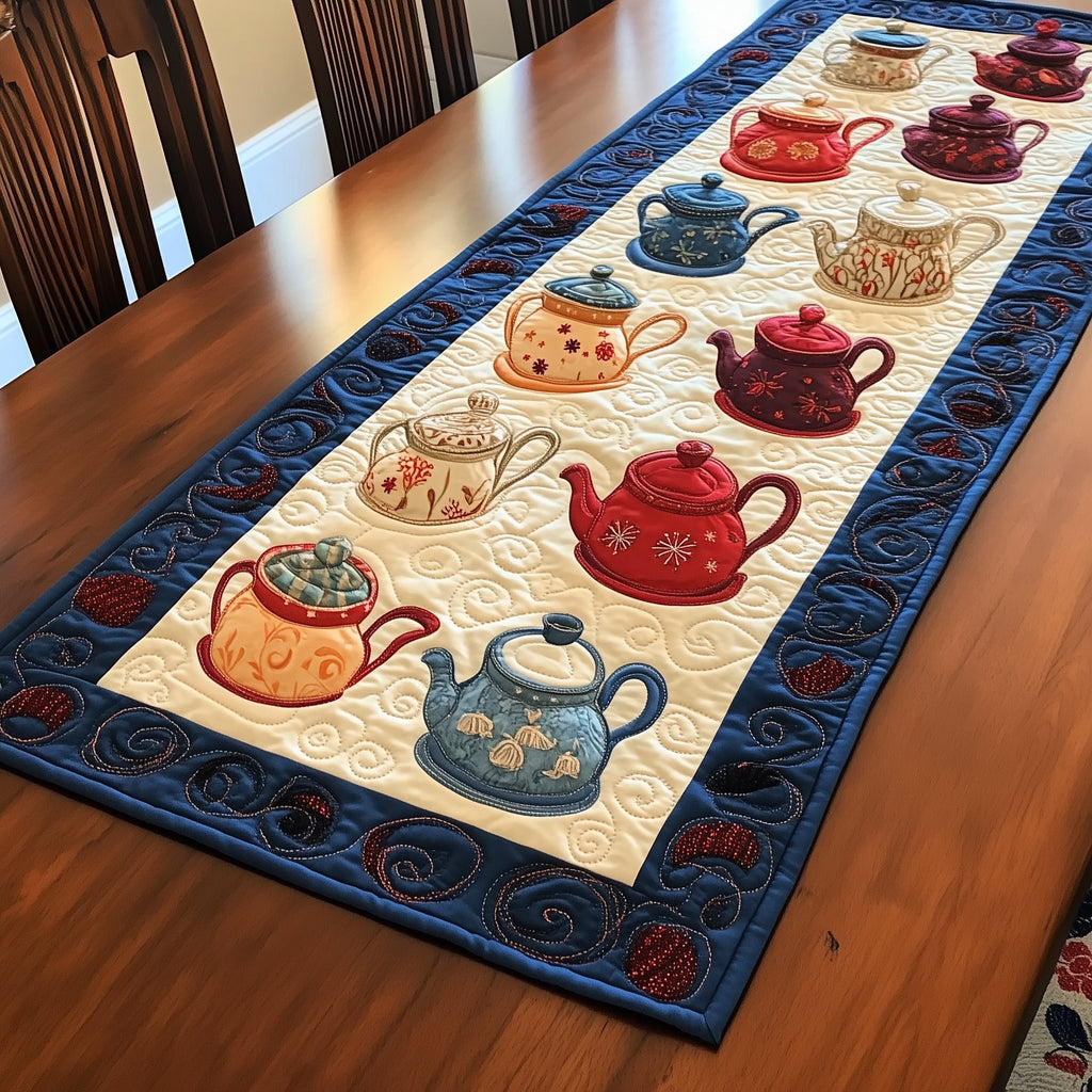 Yellow and Blue Teapots on Cream Table Runner