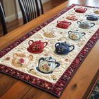 Scattered Blue and Red Teapots Table Runner