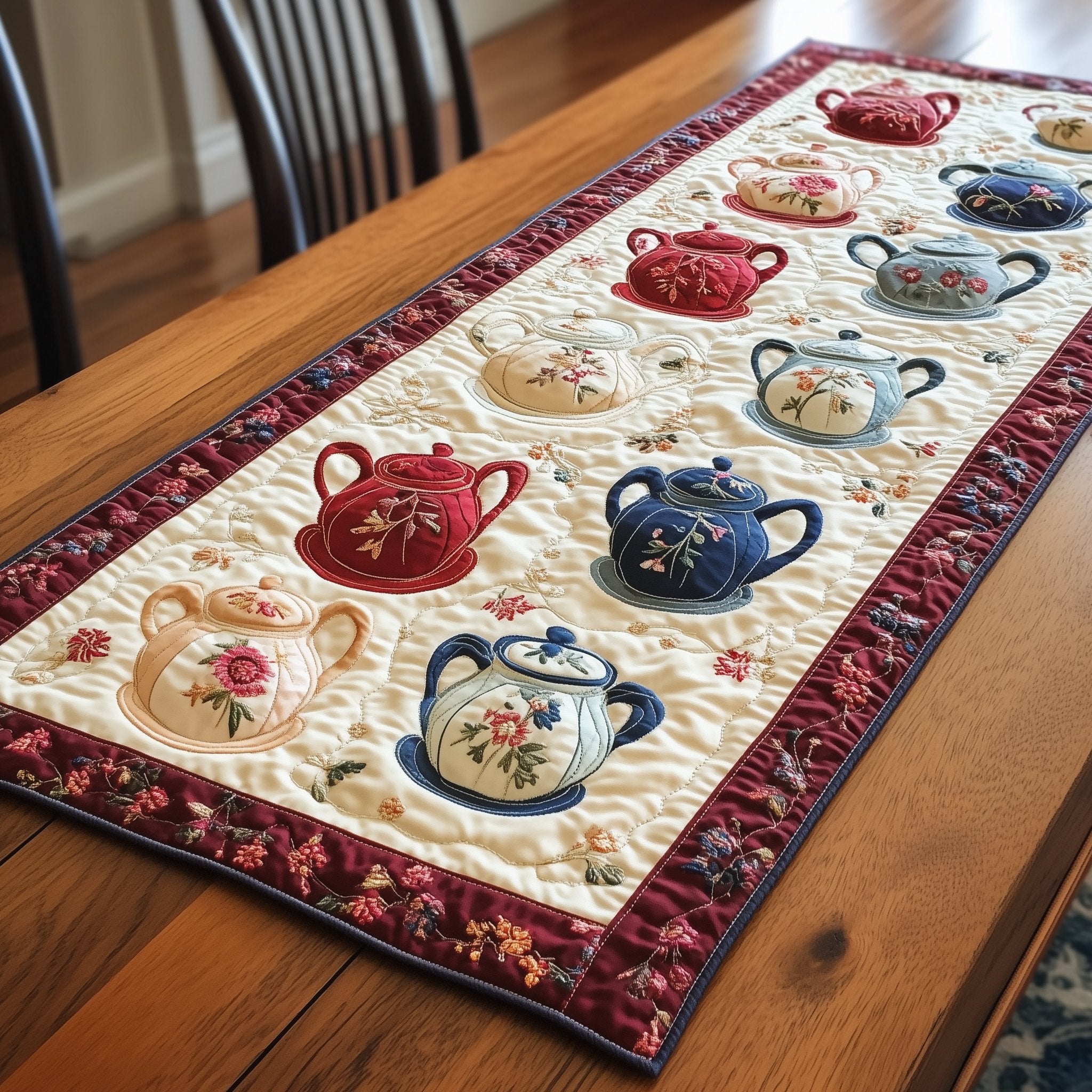 Scattered Blue and Red Teapots Table Runner