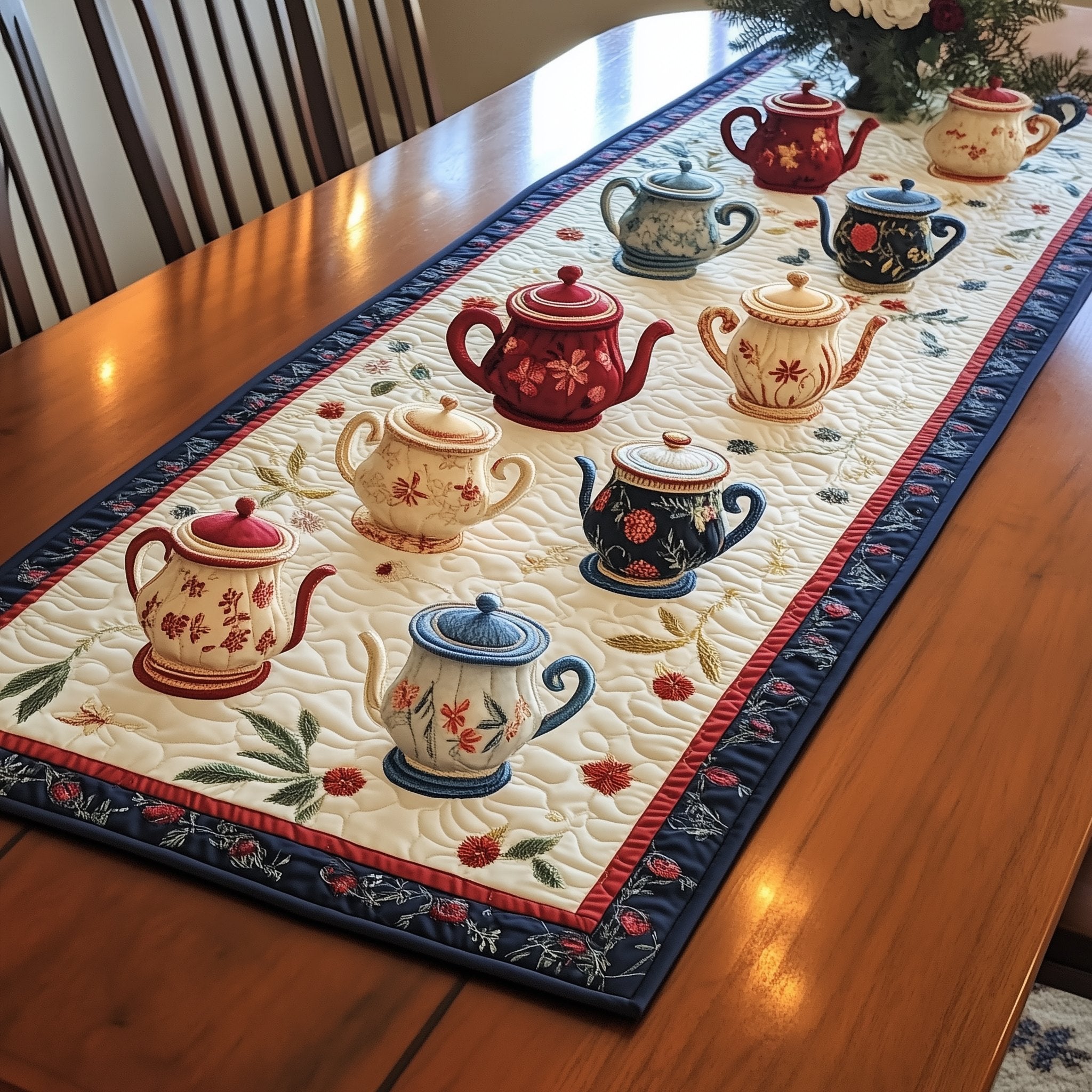 Teapots with a Flowering Vine Border Table Runner