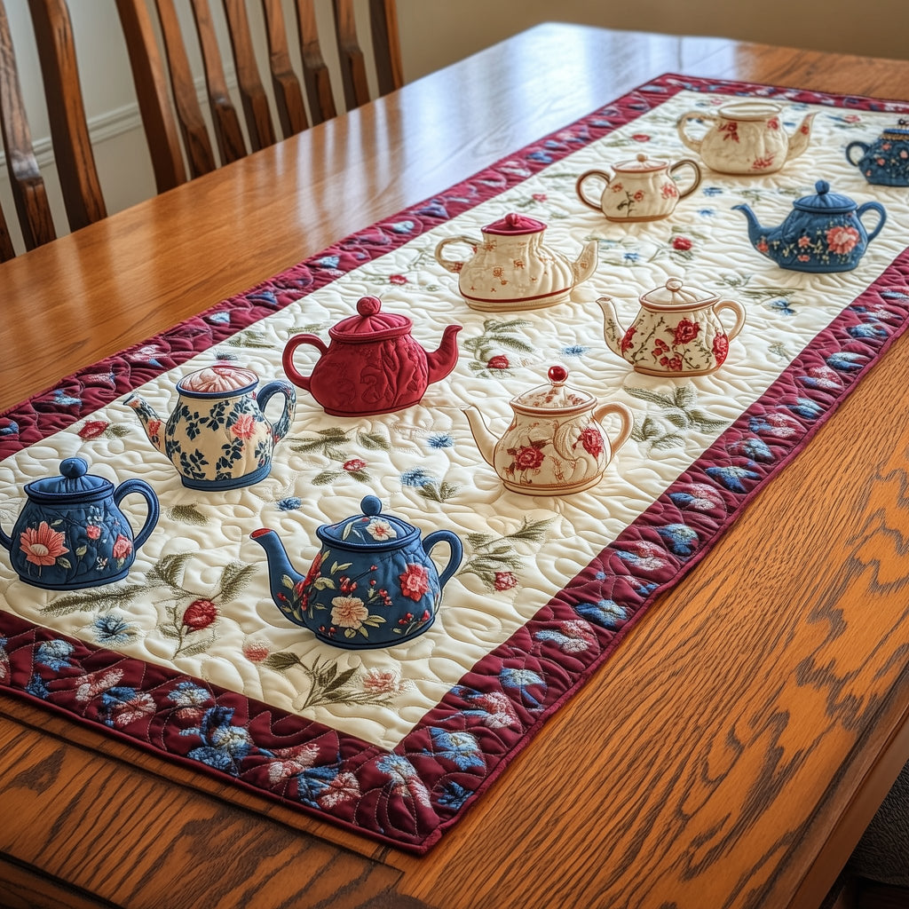 Teapots in Blue Red and Cream Table Runner
