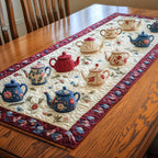 Teapots in Blue Red and Cream Table Runner