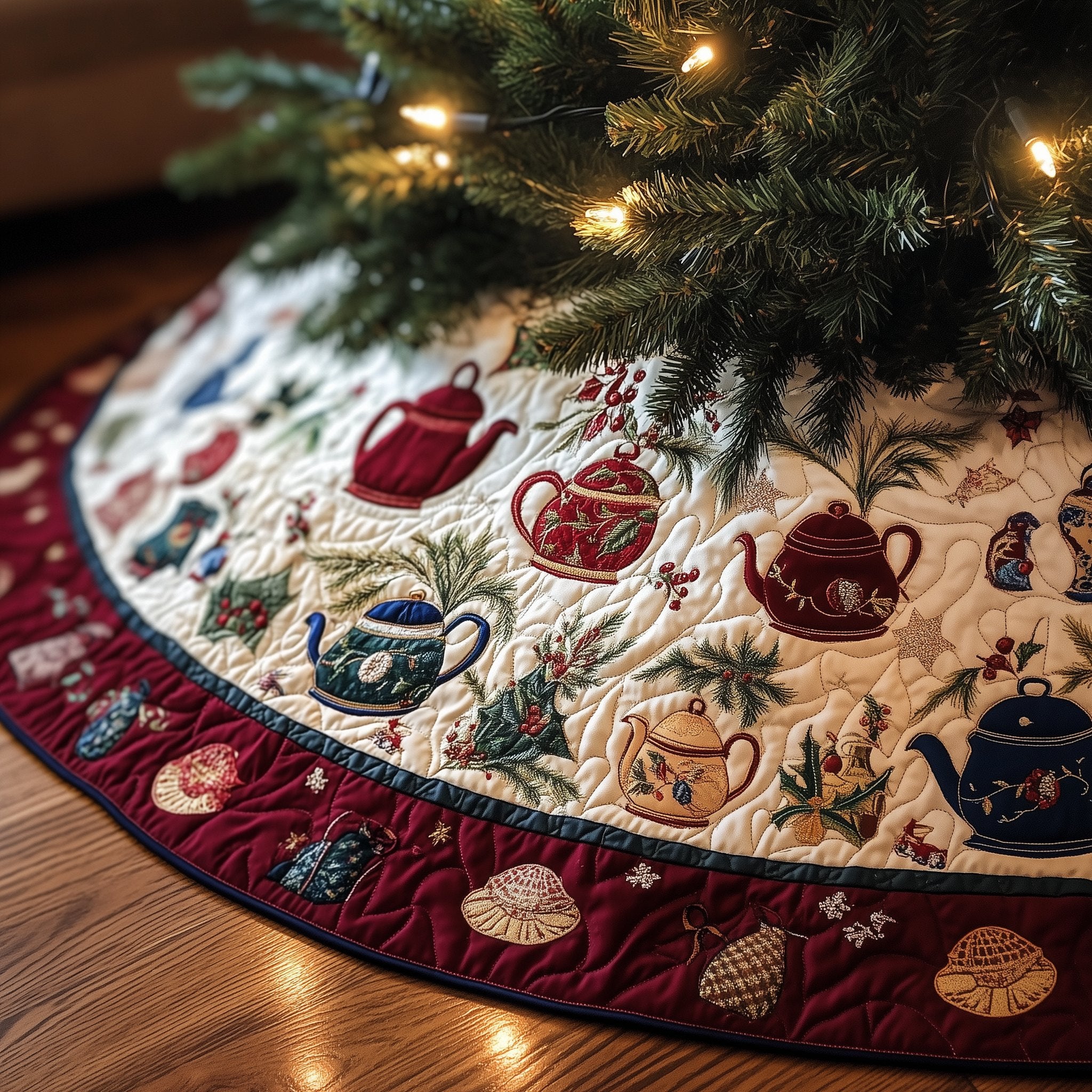 Teapots and Shells on Ivory Christmas Tree Skirt