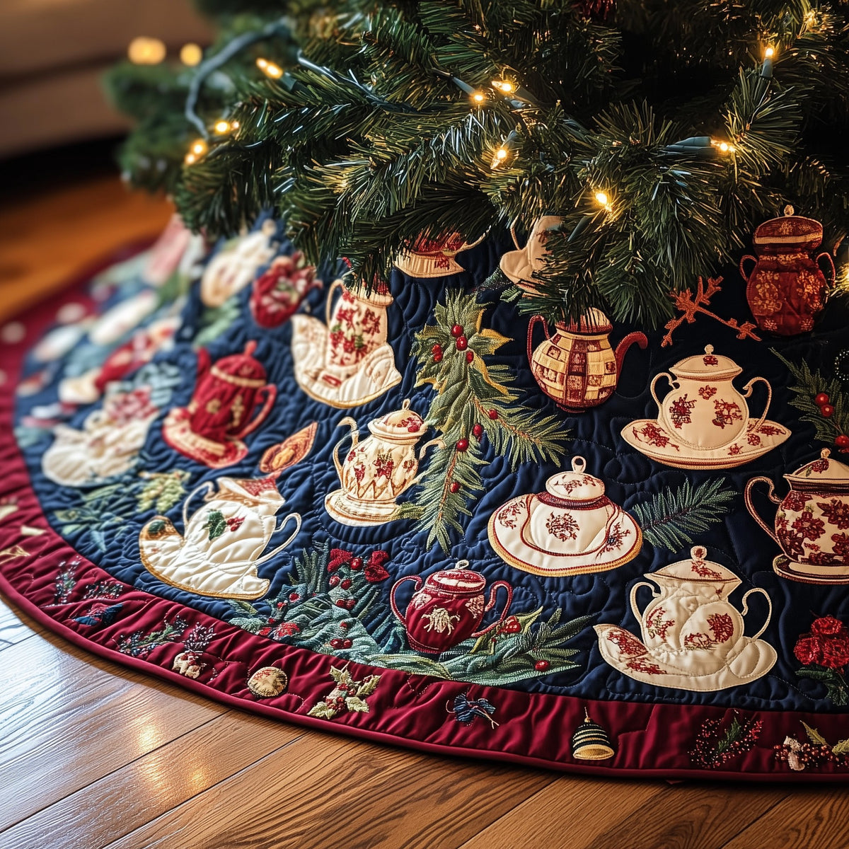 Teapot Collection on Navy Christmas Tree Skirt