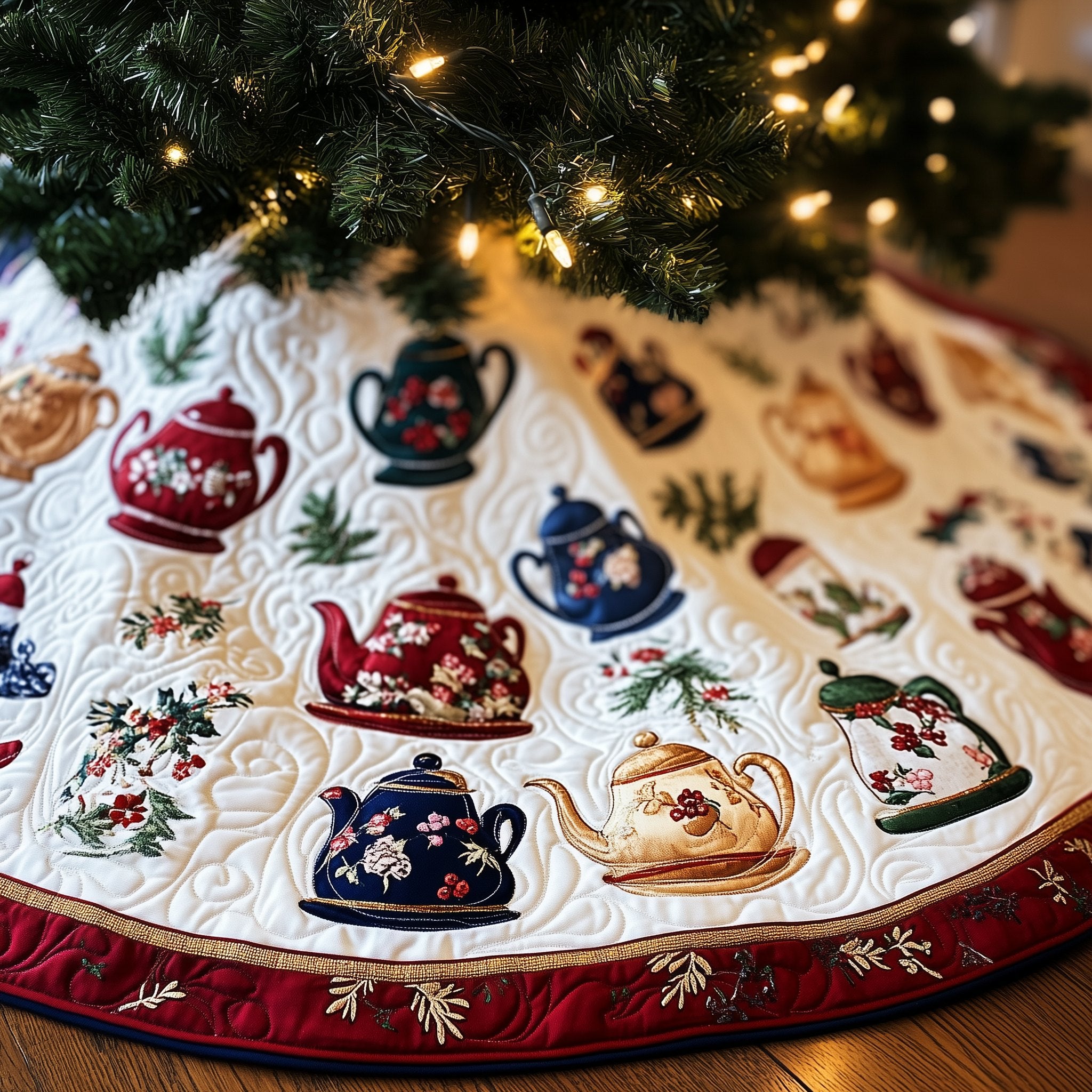 Floral Teapots on Winter White Christmas Tree Skirt