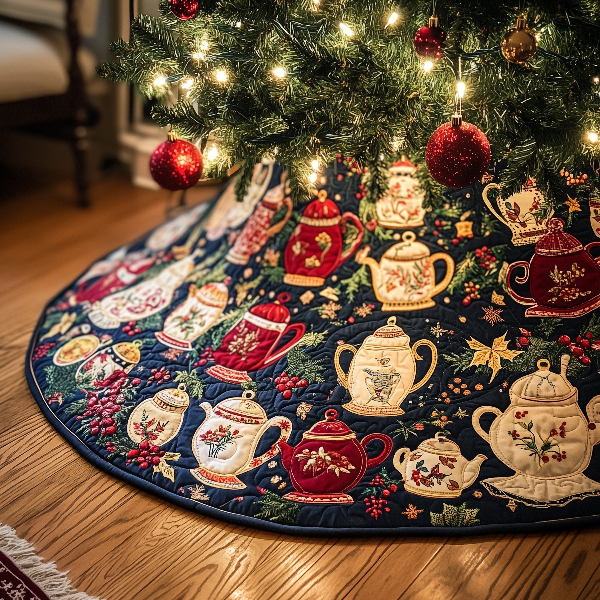 Teapot Garden on Midnight Blue Christmas Tree Skirt