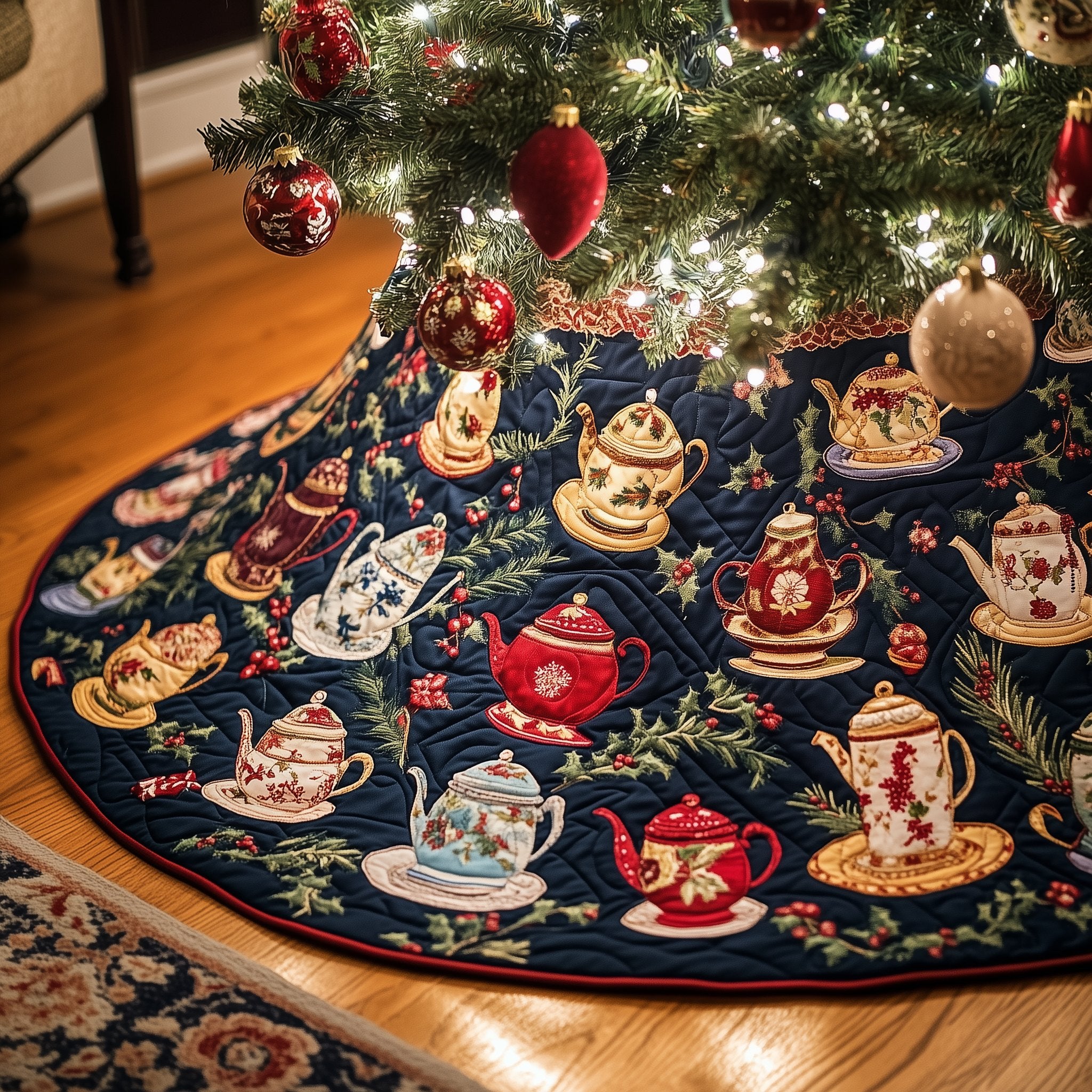 Teatime Kettles with Candy Canes Christmas Tree Skirt