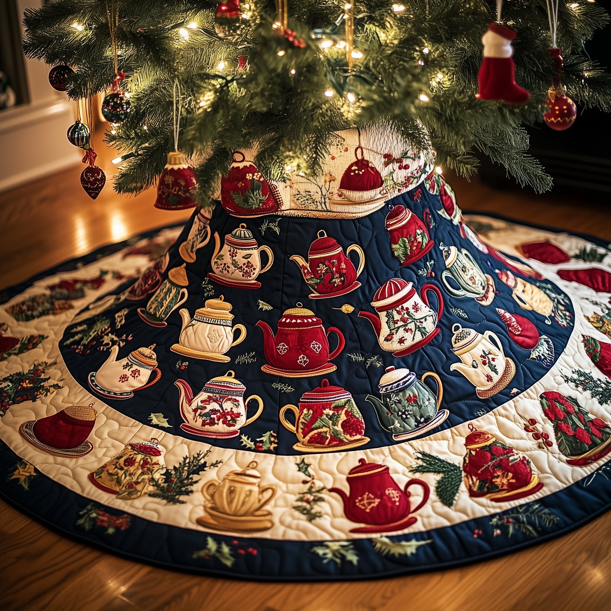 Teapots on the Navy Medallion Christmas Tree Skirt