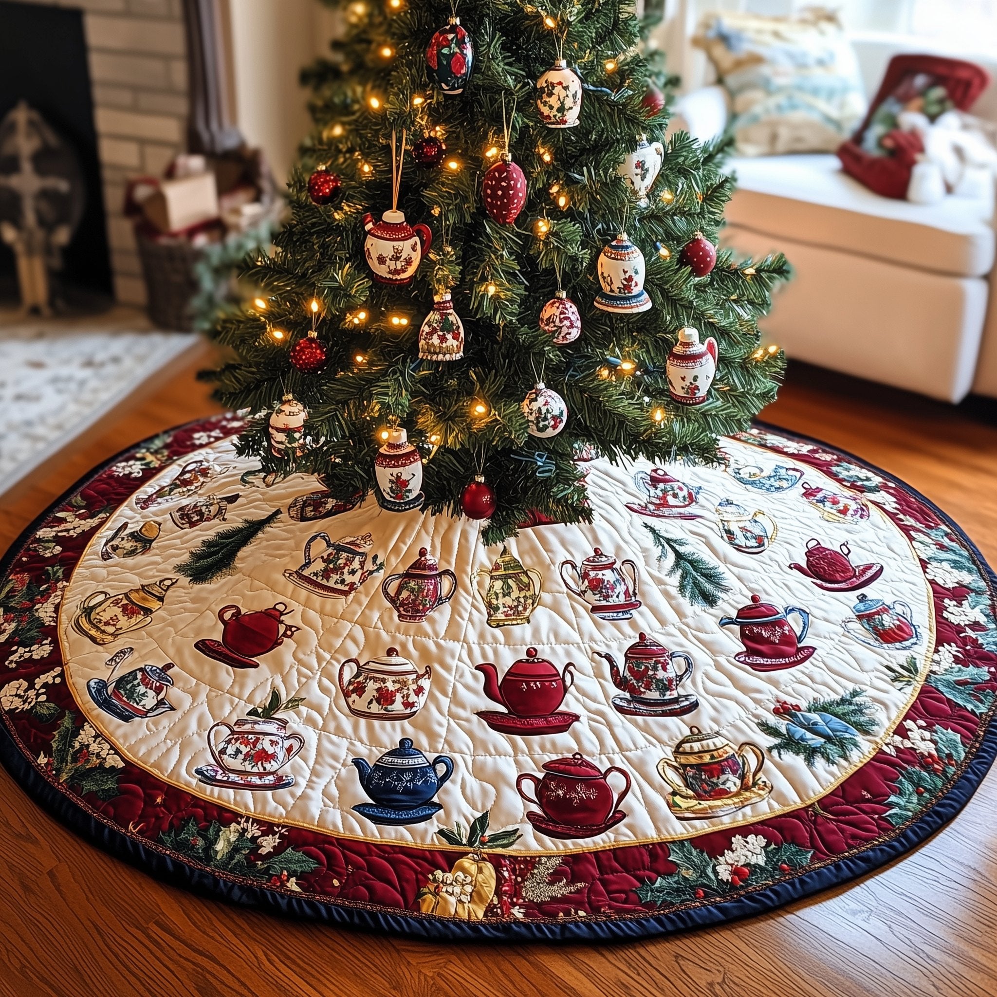 Teapot Sampler on Cream Christmas Tree Skirt
