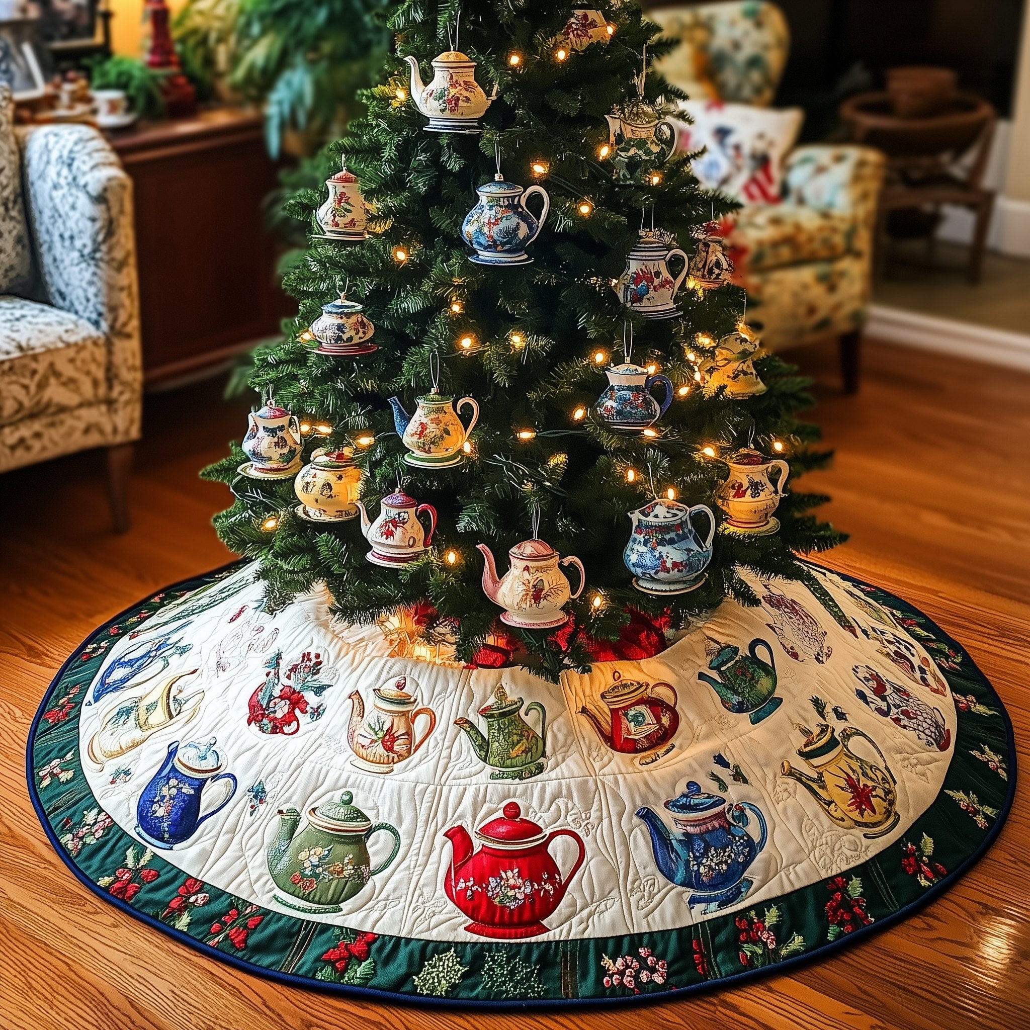 Teapot Party in Bright Colours Christmas Tree Skirt
