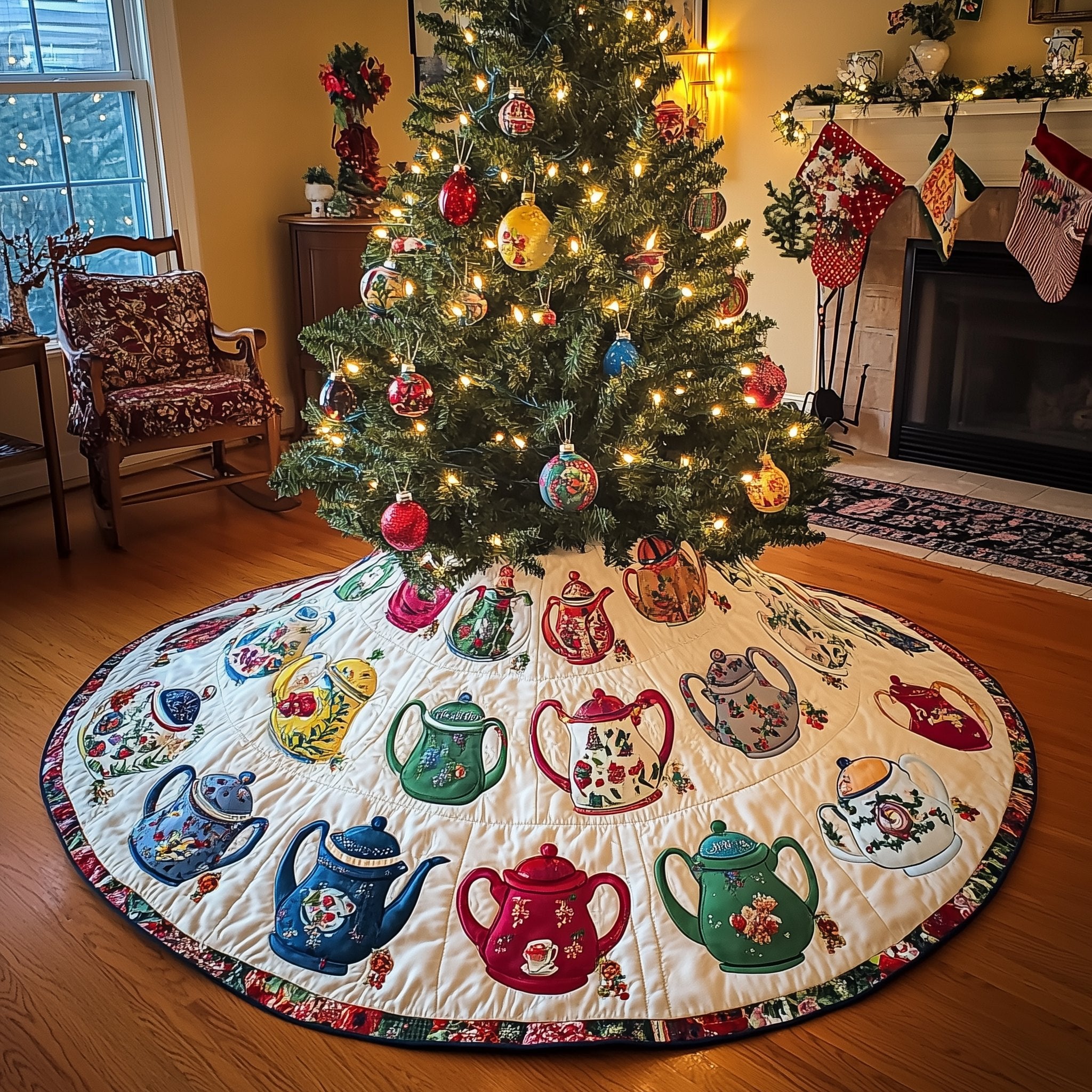 Folk Teapots on the Border Christmas Tree Skirt
