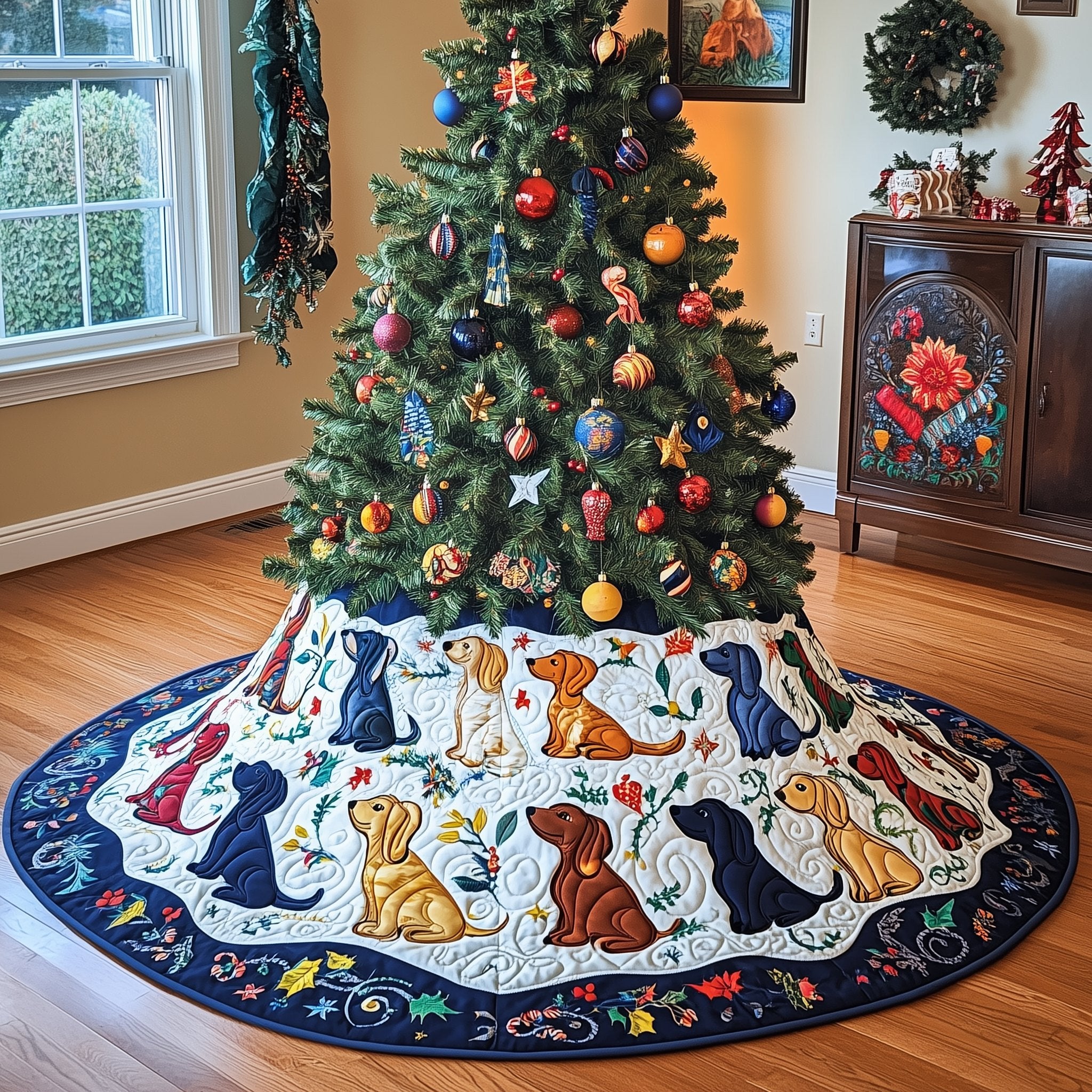 Patterned Dogs with Navy Border Christmas Tree Skirt